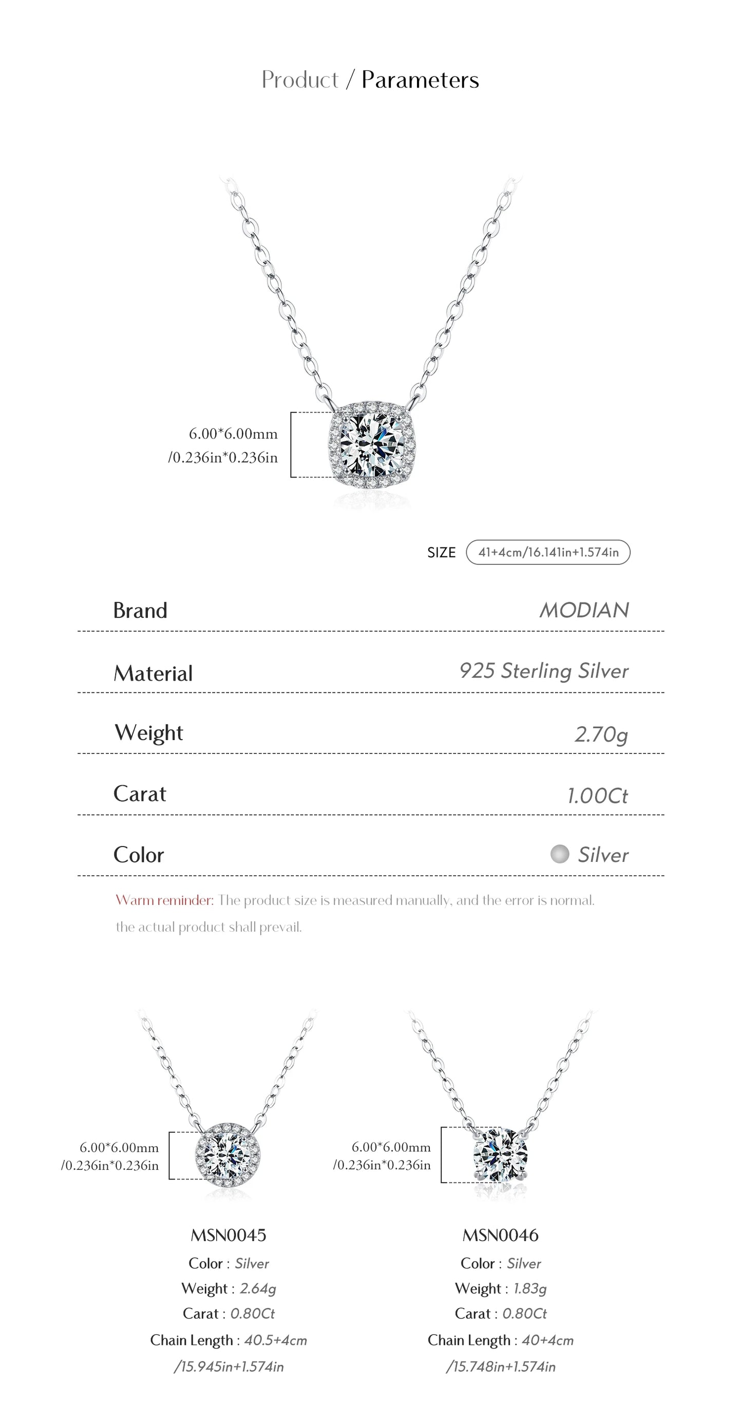 MODIAN Square & Round Halo Moissanite 925 Sterling Silver Pendant Necklace D Color VVS1 Lab Diamond Necklace For Women Jewelry