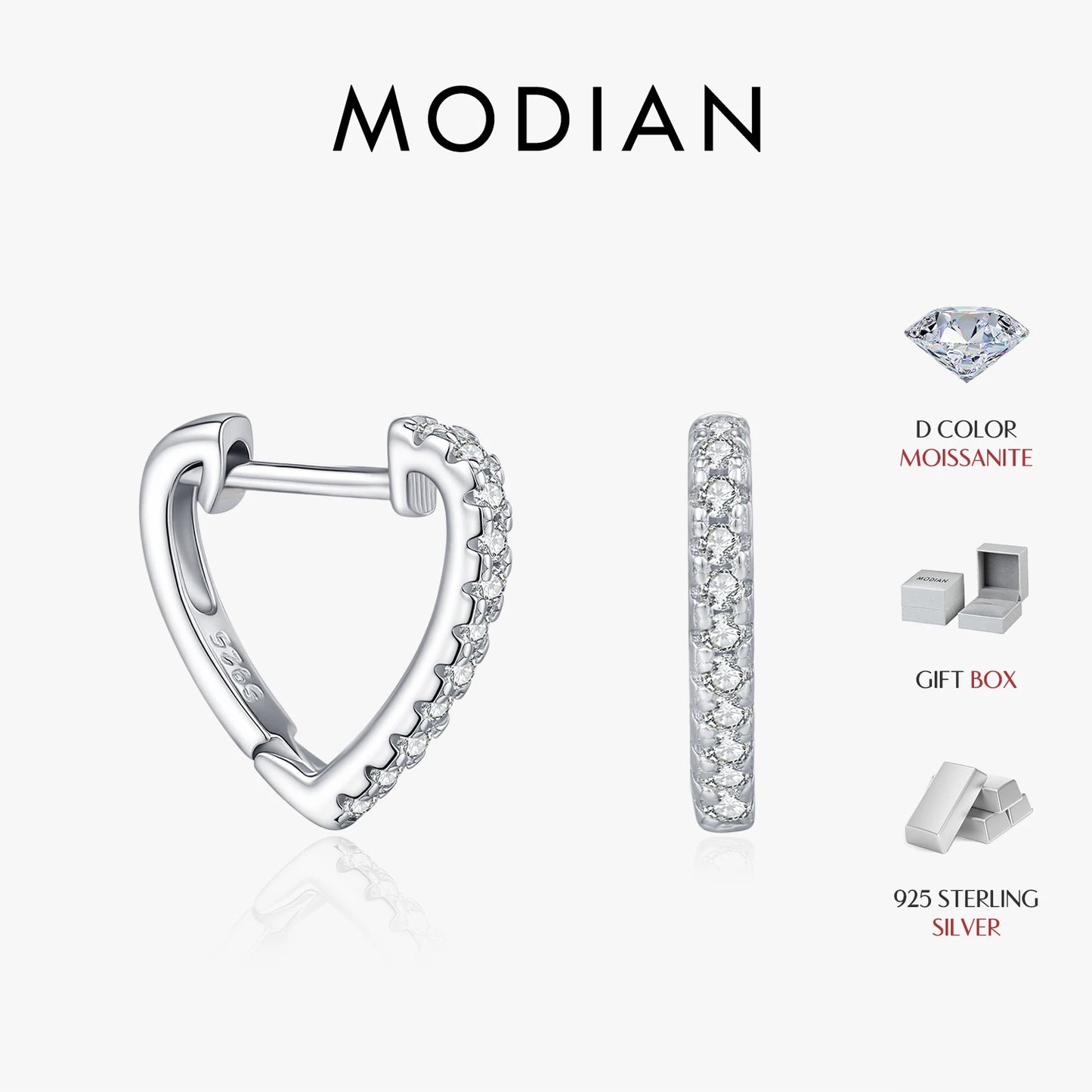 MODIAN D Color Moissanite Ear Buckle 925 Sterling Silver Fashion Heart Sparkle Hoop Earrings For Women Party Fine Jewelry