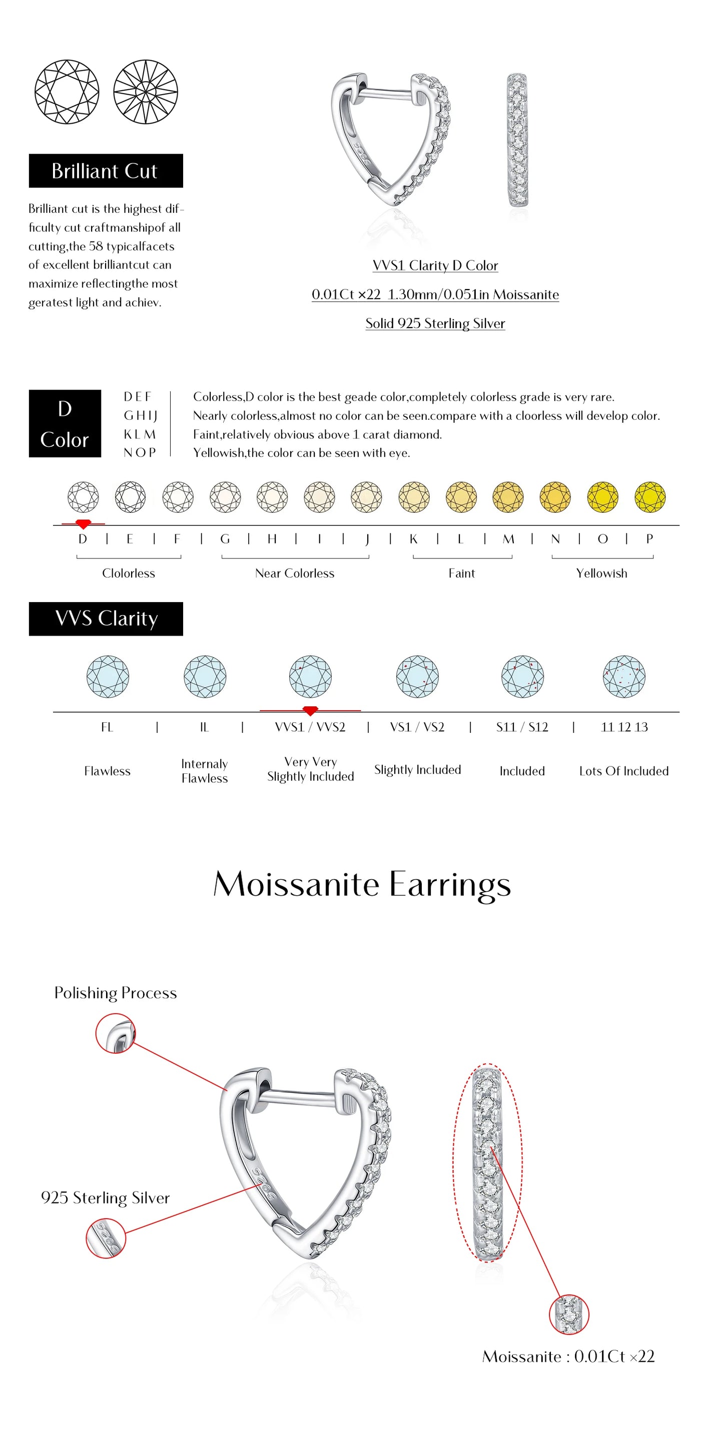 MODIAN D Color Moissanite Ear Buckle 925 Sterling Silver Fashion Heart Sparkle Hoop Earrings For Women Party Fine Jewelry