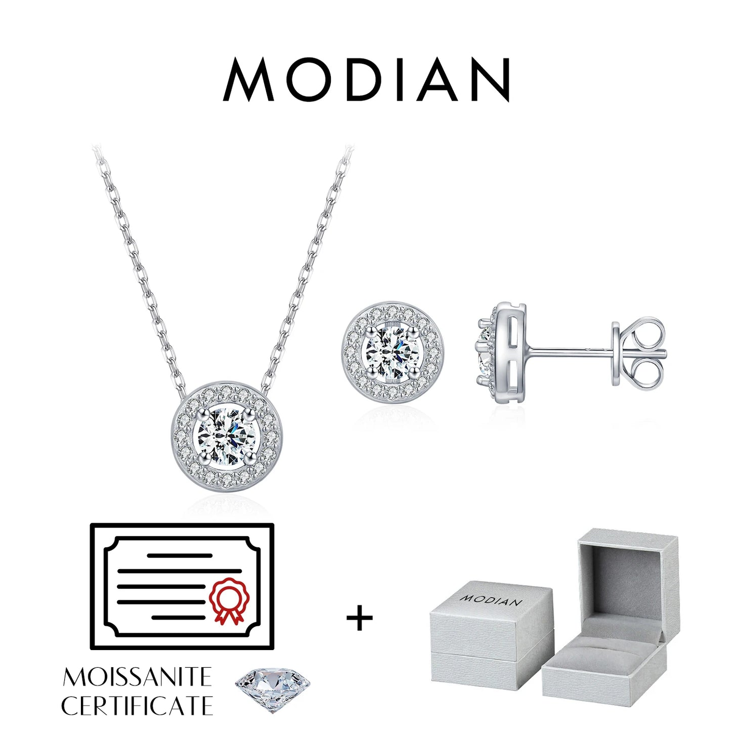 MODIAN Moissanite Sets 925 Sterling Silver Classic Round Halo Earrings Simple Link Chain Necklace For Women Bridal Jewelry Set
