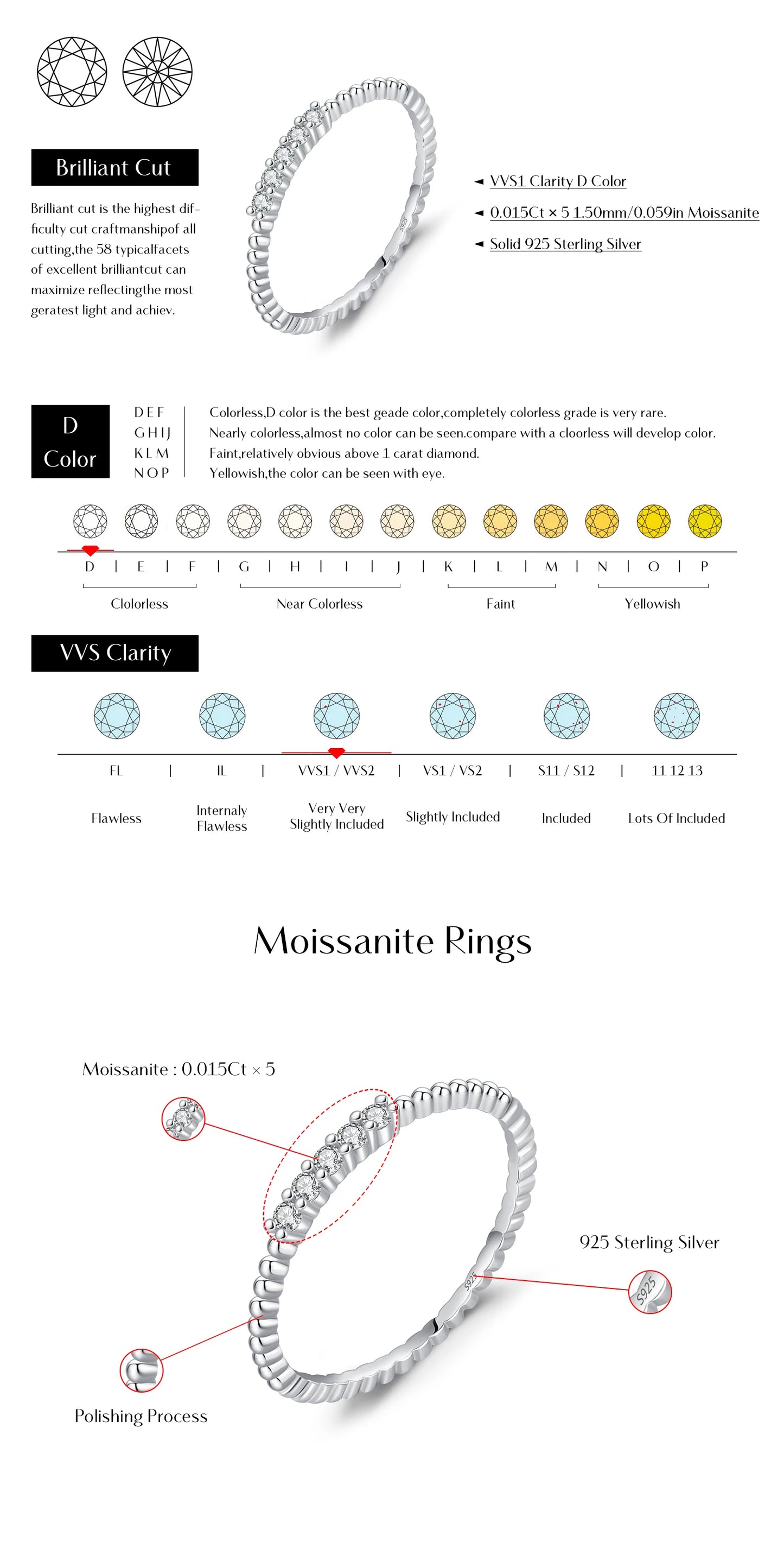 MODIAN Sparkling Moissanite Eternity Band Ring 925 Sterling Silver Stackable Popular Finger Rings For Women Party Jewelry