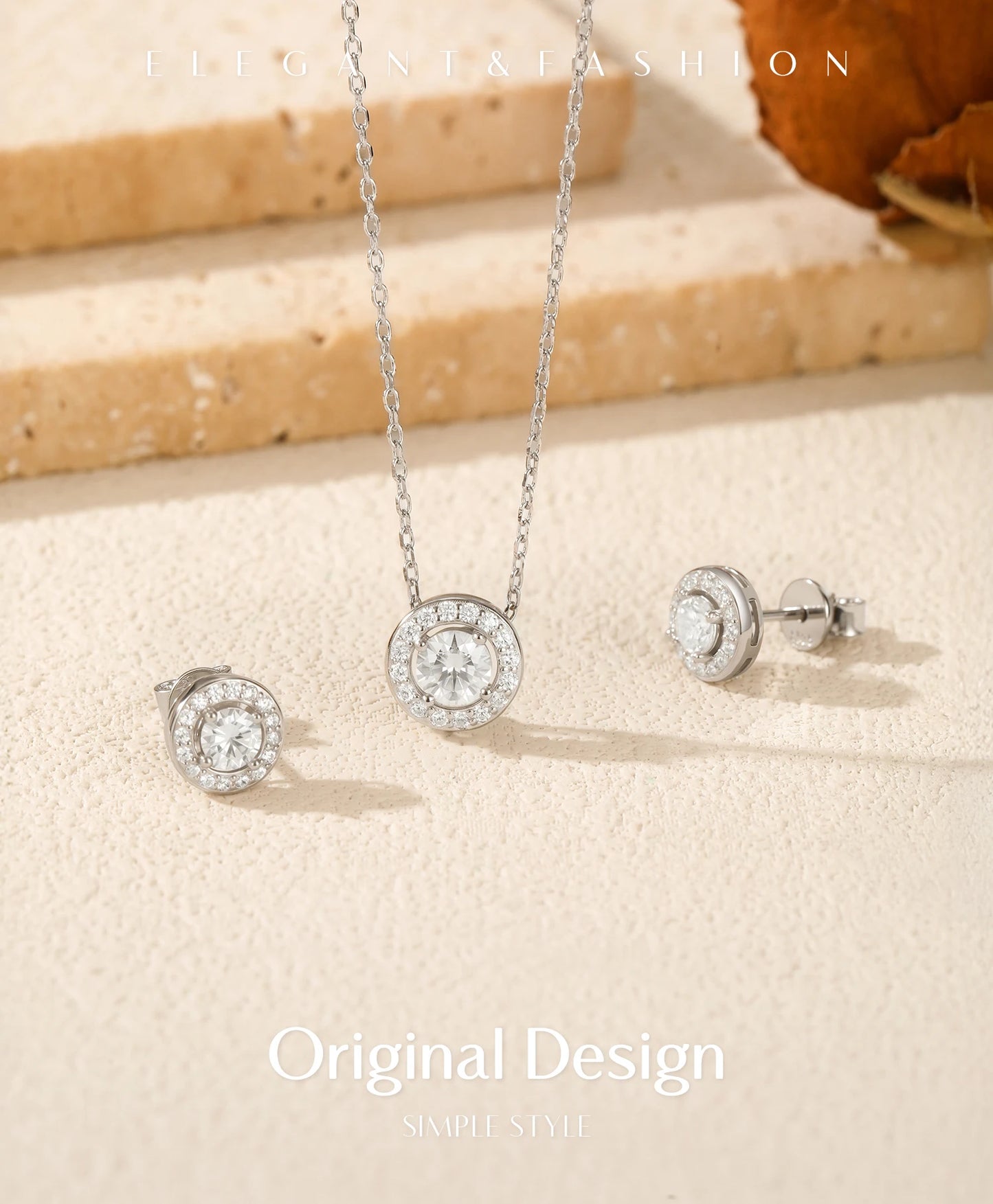 MODIAN Moissanite Sets 925 Sterling Silver Classic Round Halo Earrings Simple Link Chain Necklace For Women Bridal Jewelry Set