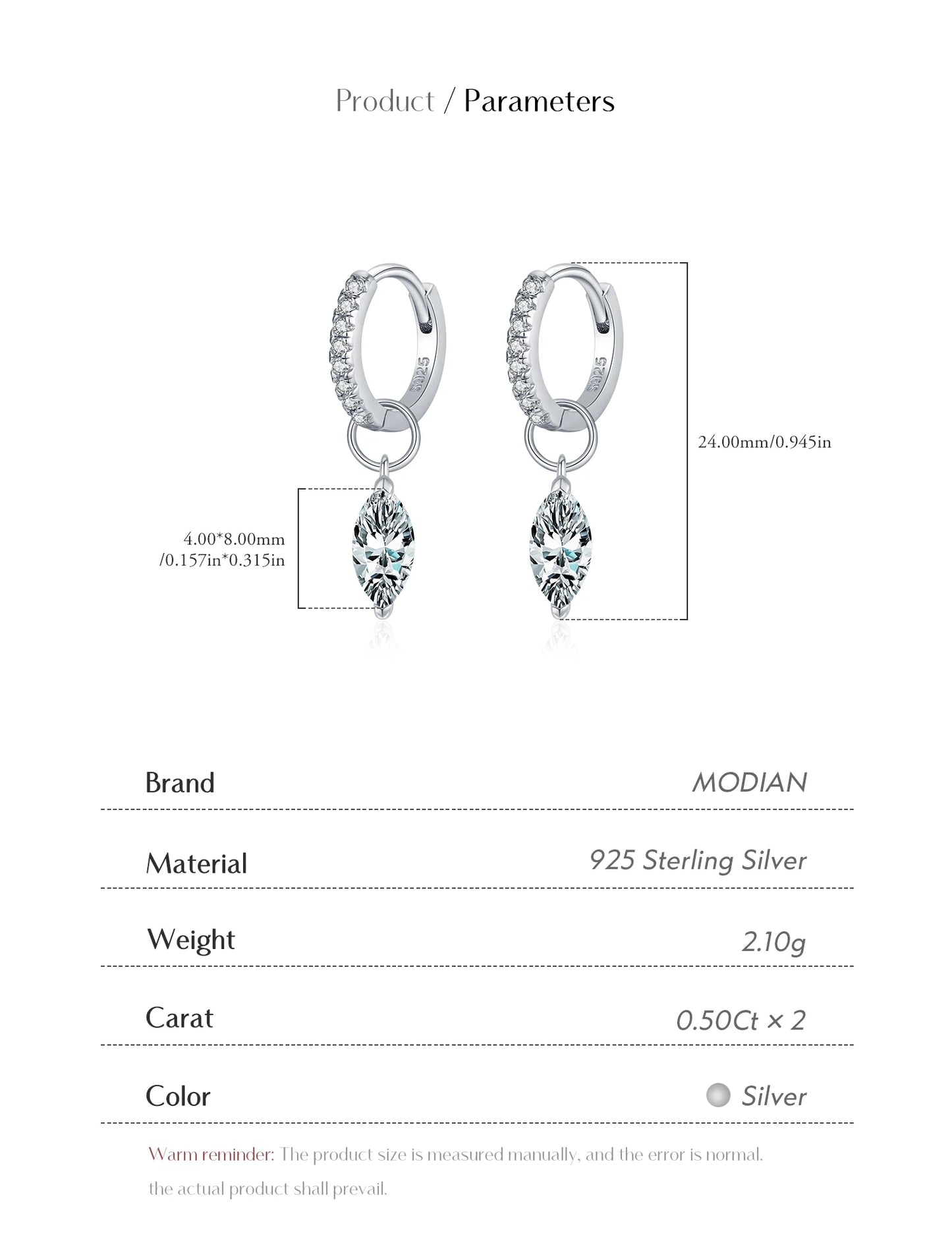 MODIAN 0.5Ct D Color Rhombic Moissanite Ear Buckles 925 Sterling Silver Luxury Shiny Hoop Earrings for Women Wedding Jewelry