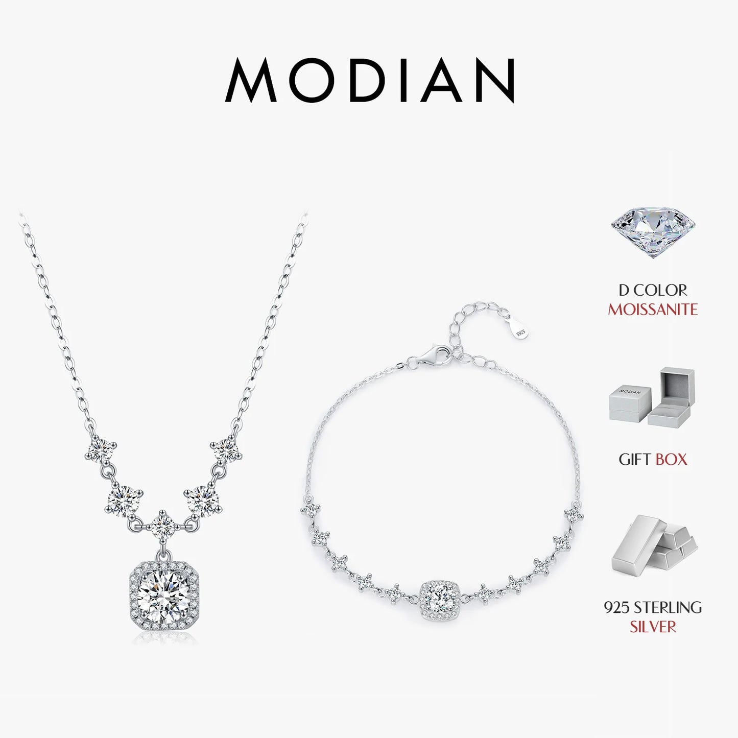 MODIAN D Color Moissanite 925 Sterling Silver Luxury Geometric Charm Necklace Bracelet For Women Wedding Statement Jewelry Set