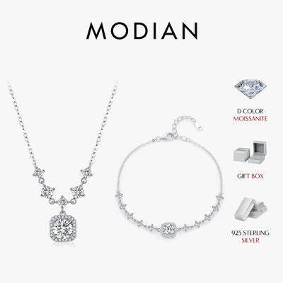 MODIAN D Color Moissanite 925 Sterling Silver Luxury Geometric Charm Necklace Bracelet For Women Wedding Statement Jewelry Set
