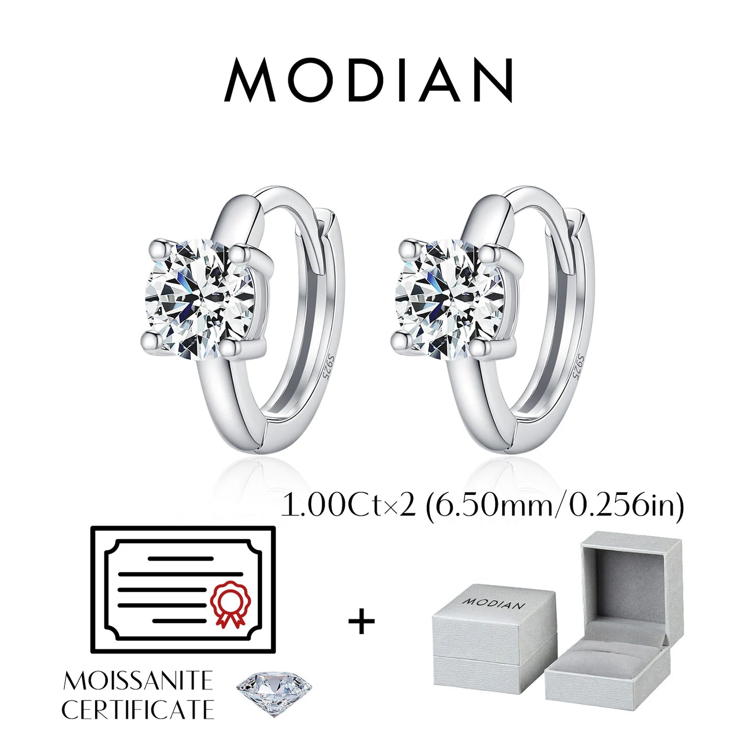 MODIAN 1CT/2CT D Color Moissanite Ear Buckle 925 Sterling Silver Classic Round Hoop Earrings For Women Fine Wedding Jewelry