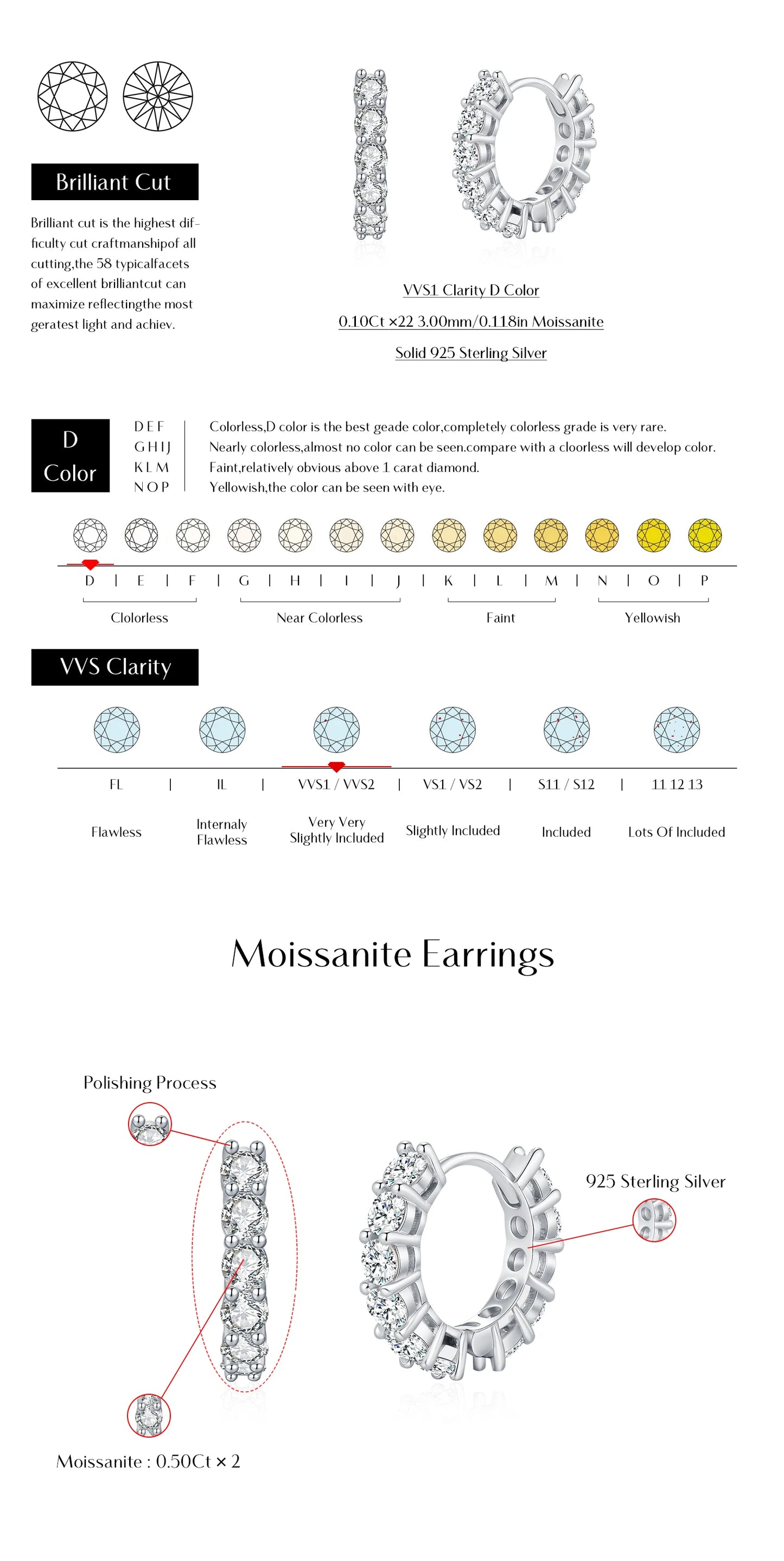 MODIAN D Color Sparkling Moissanite Ear Buckles Lab Diamond 925 Sterling Silver Luxury Hoop Earrings for Women Jewelry Gifts