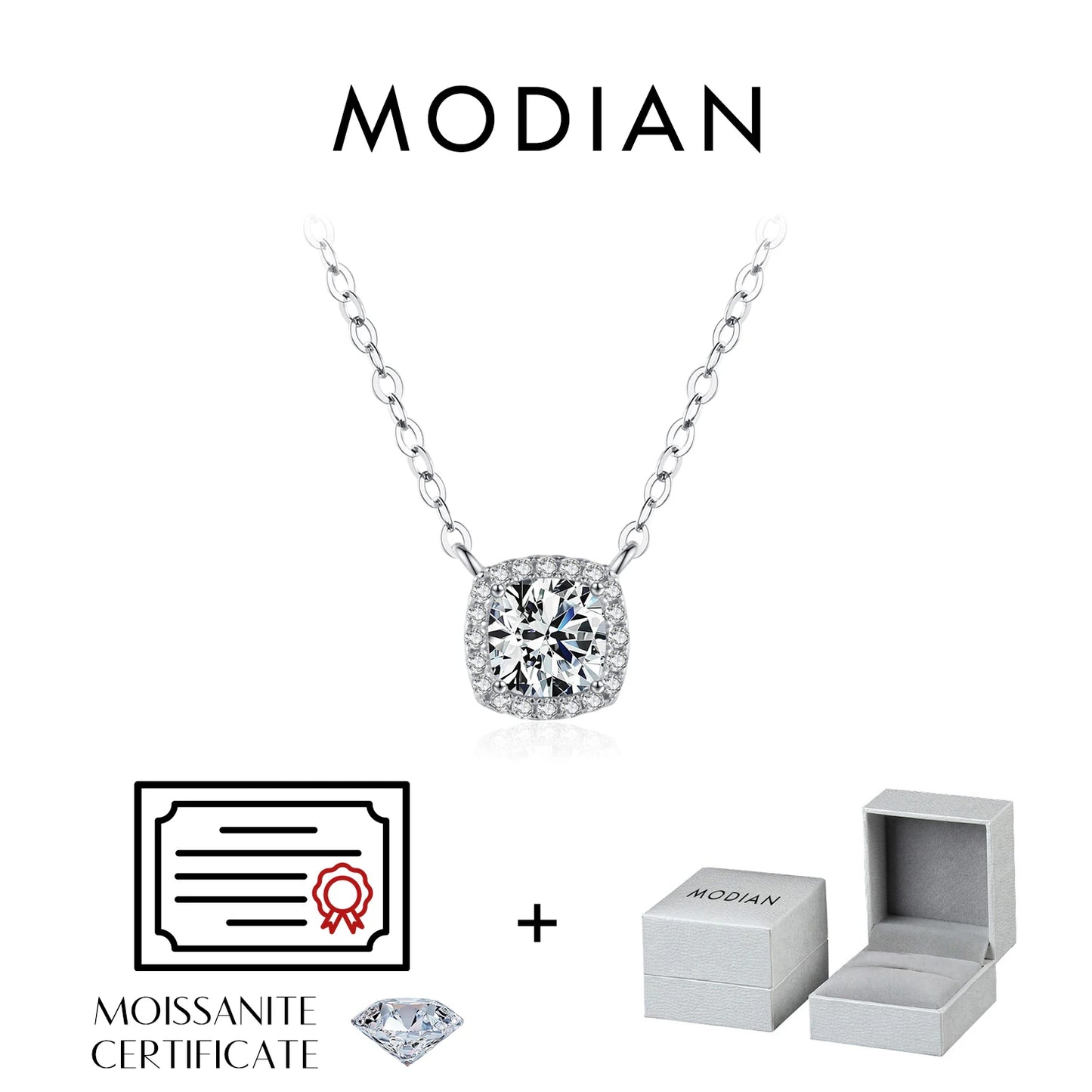 MODIAN 1 Carat Square Cushion Cut Halo Moissanite Pendant Necklace For Women 925 Sterling Silver Dazzling Wedding Bridal Jewelry