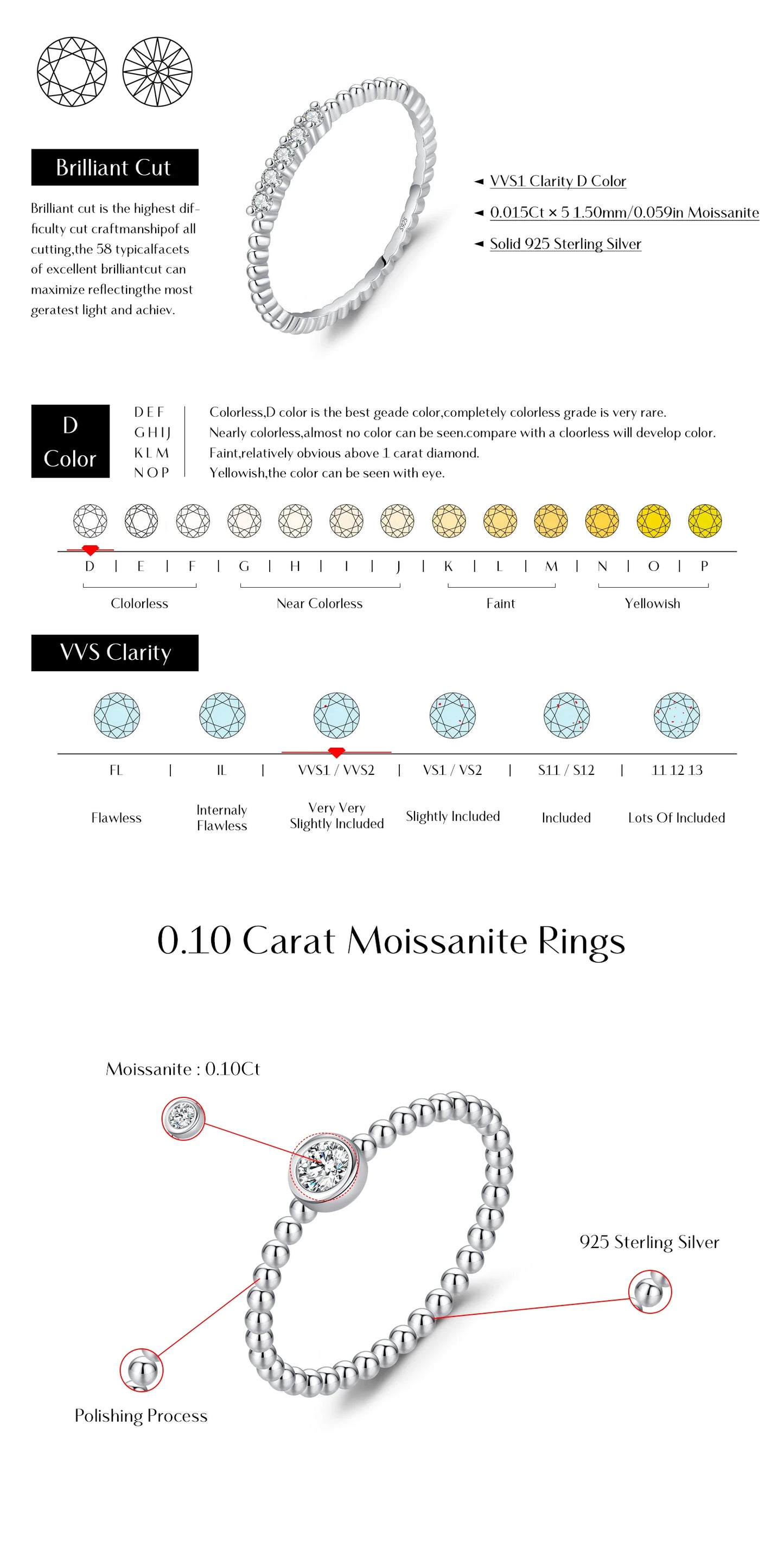 MODIAN D Color Stackable Moissanite Ring 925 Sterling Silver Beads Sparkling Trendy Rings For Women Party Vacation Jewelry