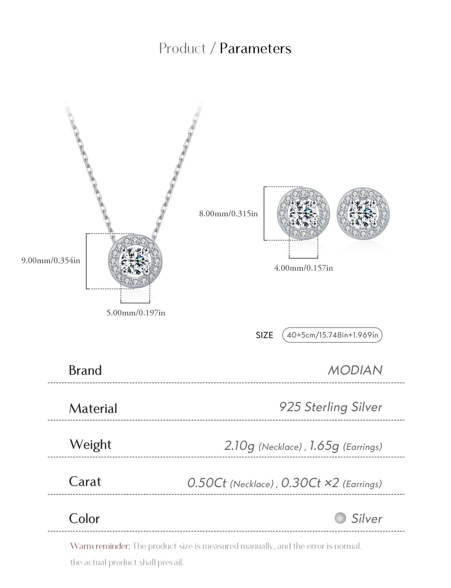 MODIAN Moissanite Sets 925 Sterling Silver Classic Round Halo Earrings Simple Link Chain Necklace For Women Bridal Jewelry Set
