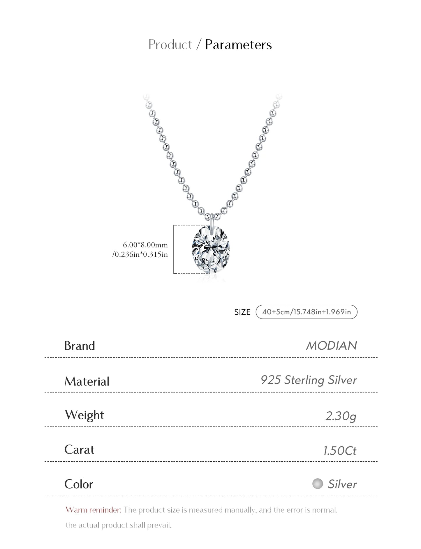 MODIAN 1.5 Carat Oval Moissanite Pendant 925 Sterling Silver Simple Beads Chain Pendant Necklace For Women Daily Fine Jewelry