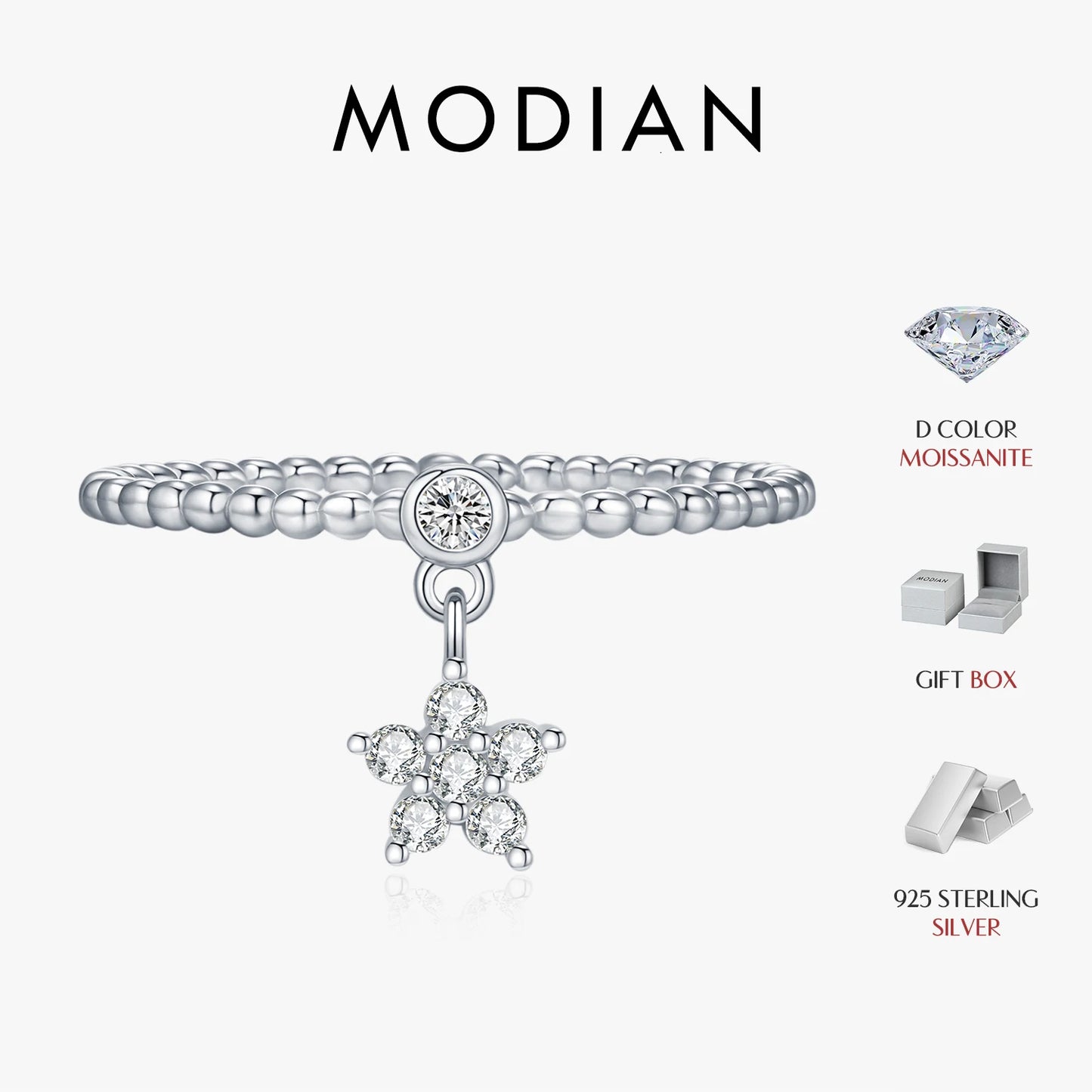 MODIAN D Color Flowers Moissanite Rings 925 Sterling Silver Beads Shiny Stars Swing Pendant Ring For Women Daisy Fine Jewelry