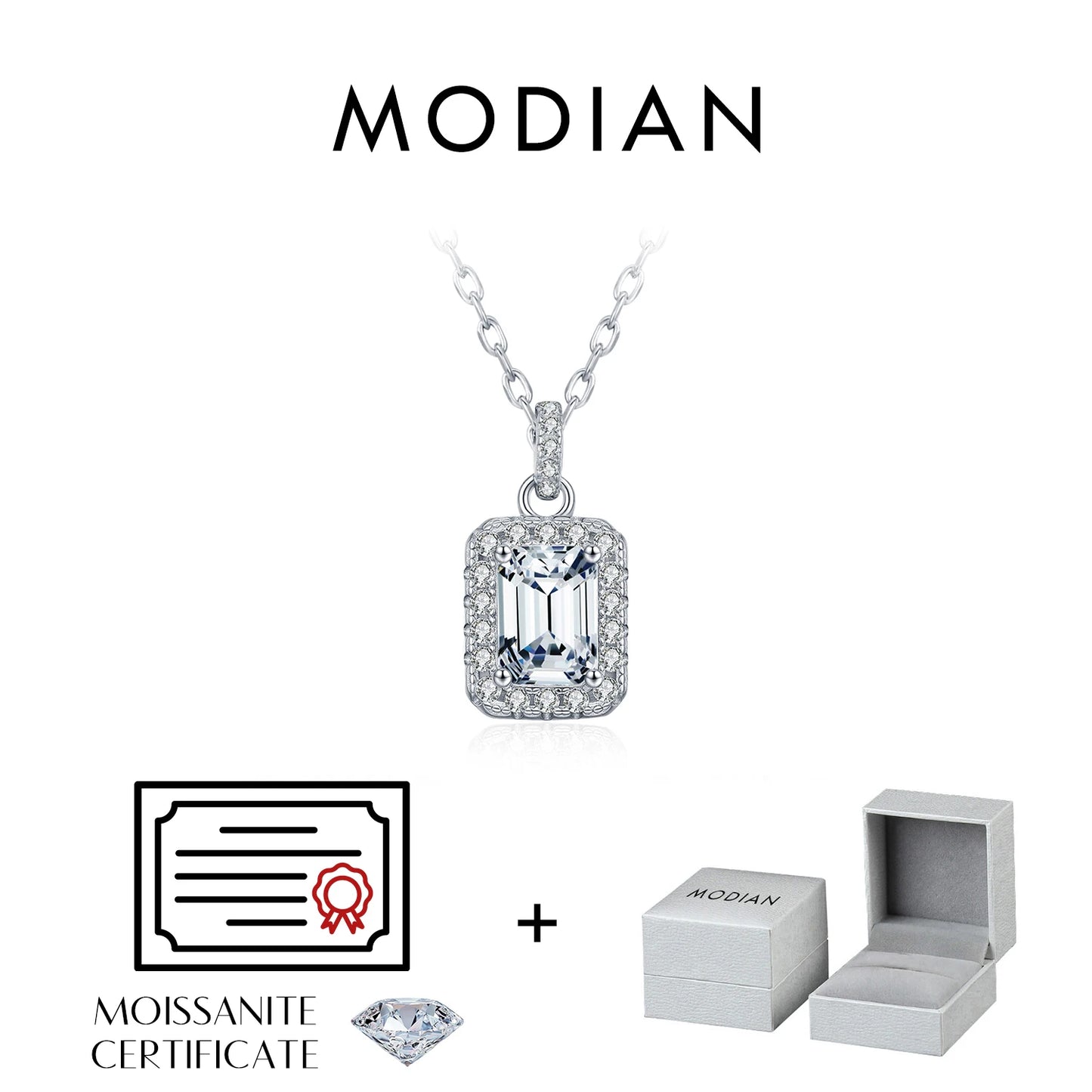 MODIAN 1CT D Color Emerald Cut Moissanite Halo Necklace 925 Sterling Silver Rectangle Wedding Pendant Necklace For Women Jewelry