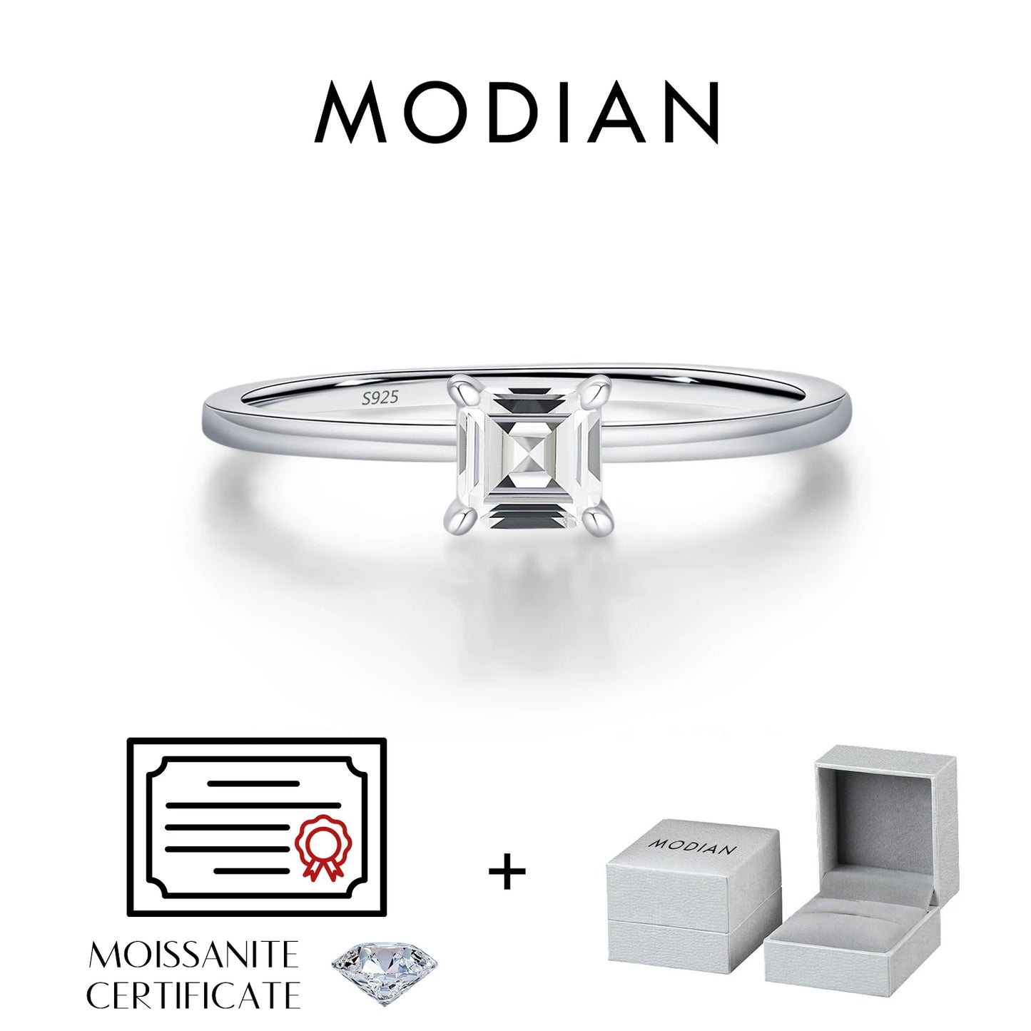 MODIAN Emerald Cut D Color Square Moissanite 925 Sterling Silver Classic Finger Rings For Women Wedding Statement Jewelry