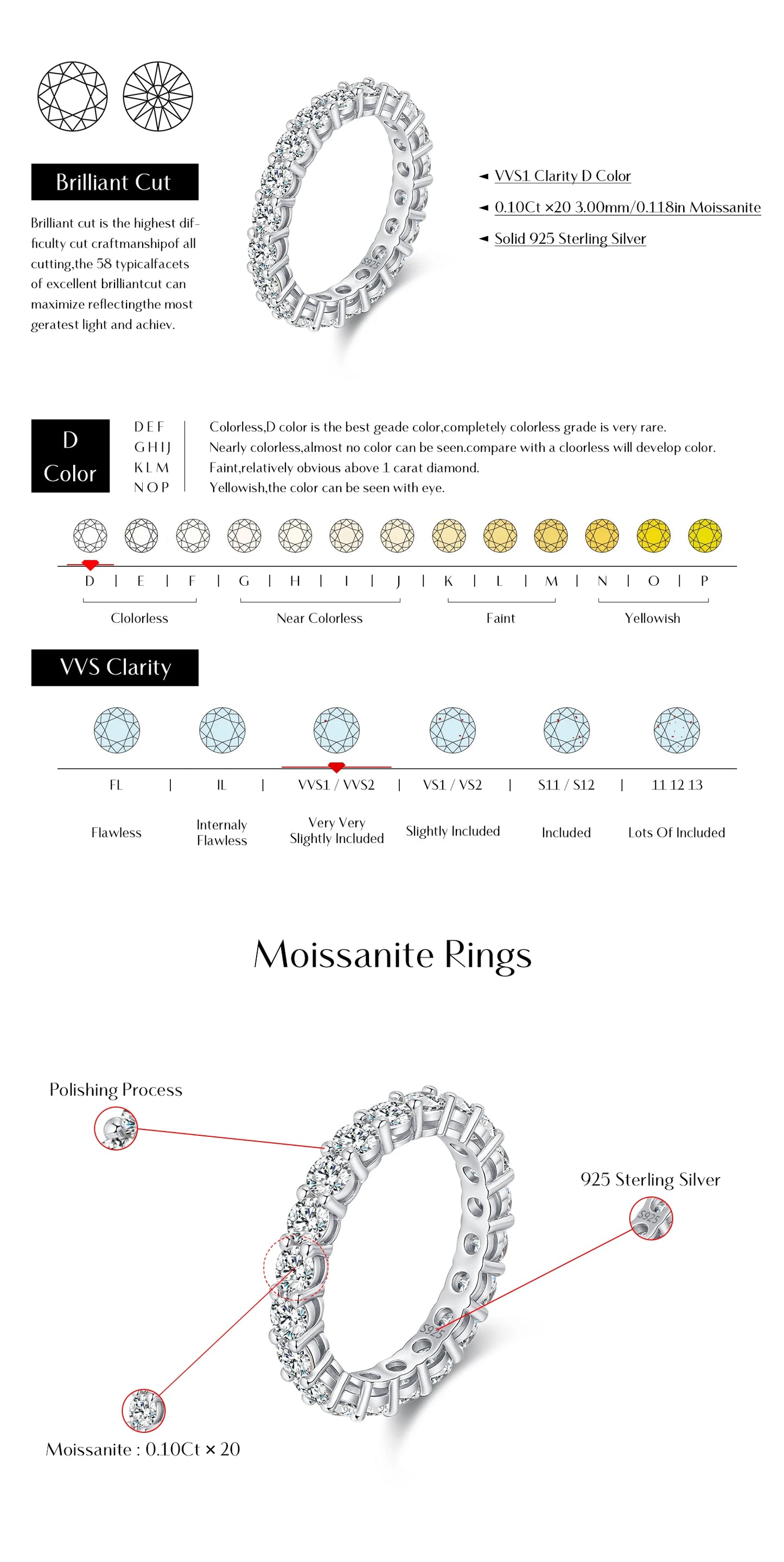 MODIAN Dazzling D Color Moissanite Eternity Band Rings 925 Sterling Silver Luxury Stackable Fashion Ring For Women Fine Jewelry