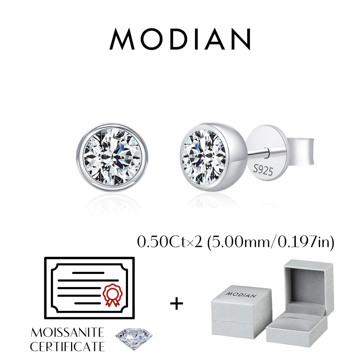 MODIAN 1CT/2CT D Color Bezel Moissanite Earrings 925 Sterling Silver Classic Round Stud Earrings For Women Wedding Fine Jewelry