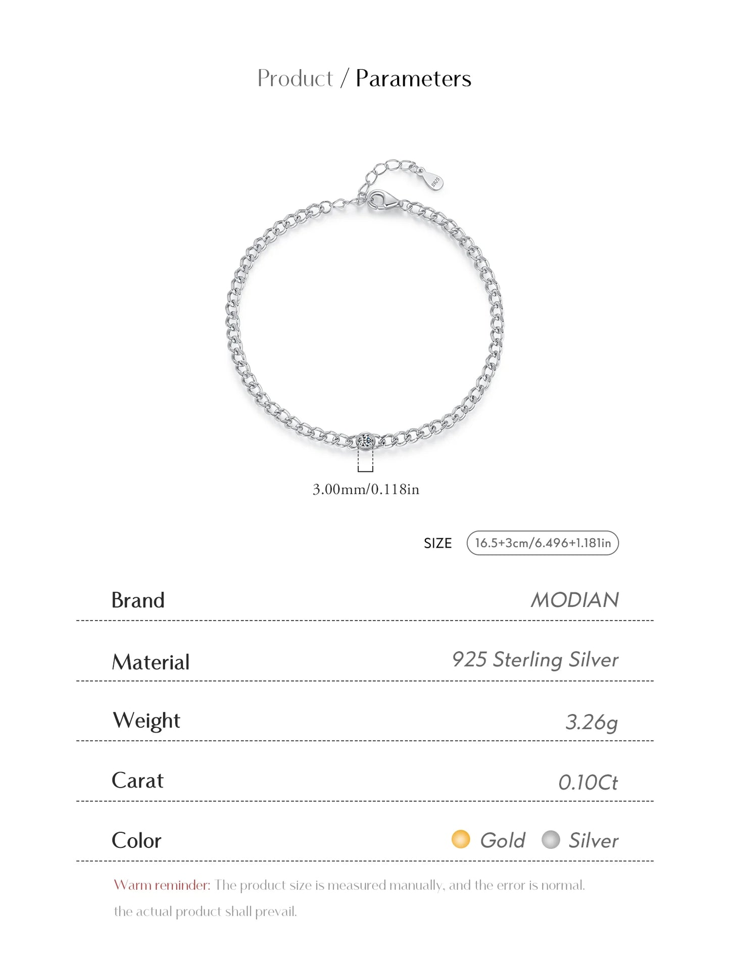 MODIAN D Color VVS1 Cearl Round Moissanite Bracelets 925 Sterling Silver Fashion Gourmette Link Chain Bracelet For Women Jewelry