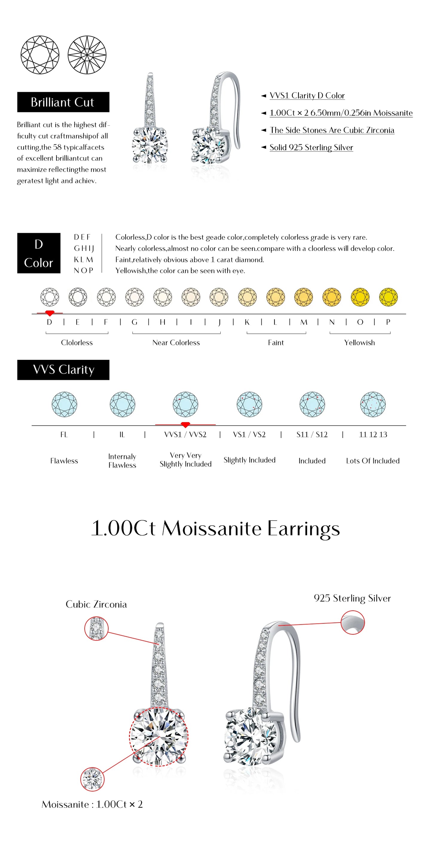 MODIAN D Color Luxury Moissanite Hook Earrings 925 Sterling Silver Classic Drop Earrings For Women Wedding Statement Jewelry