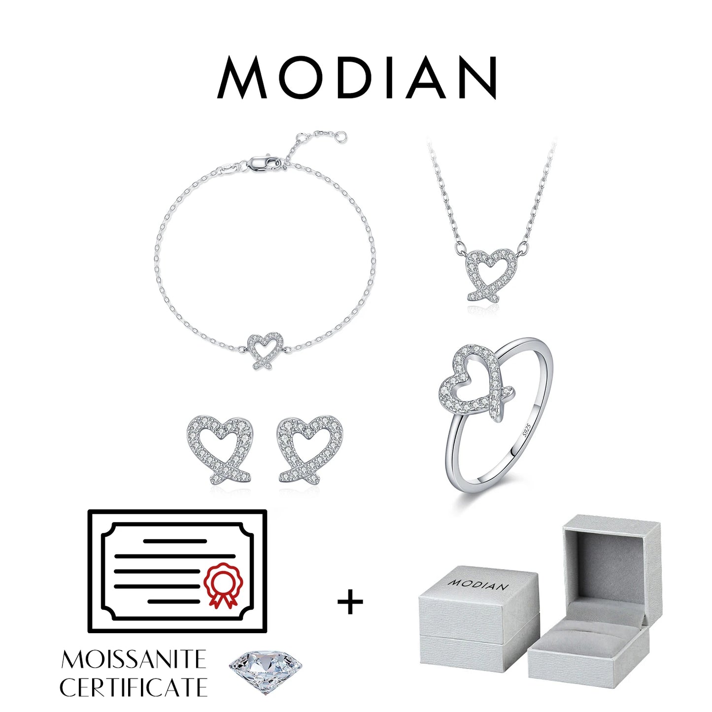 MODIAN Sparkle Moissanite Sets 925 Sterling Silver Sweet Irregular Heart Earrings Ring Bracelet Necklace For Women Jewelry Sets