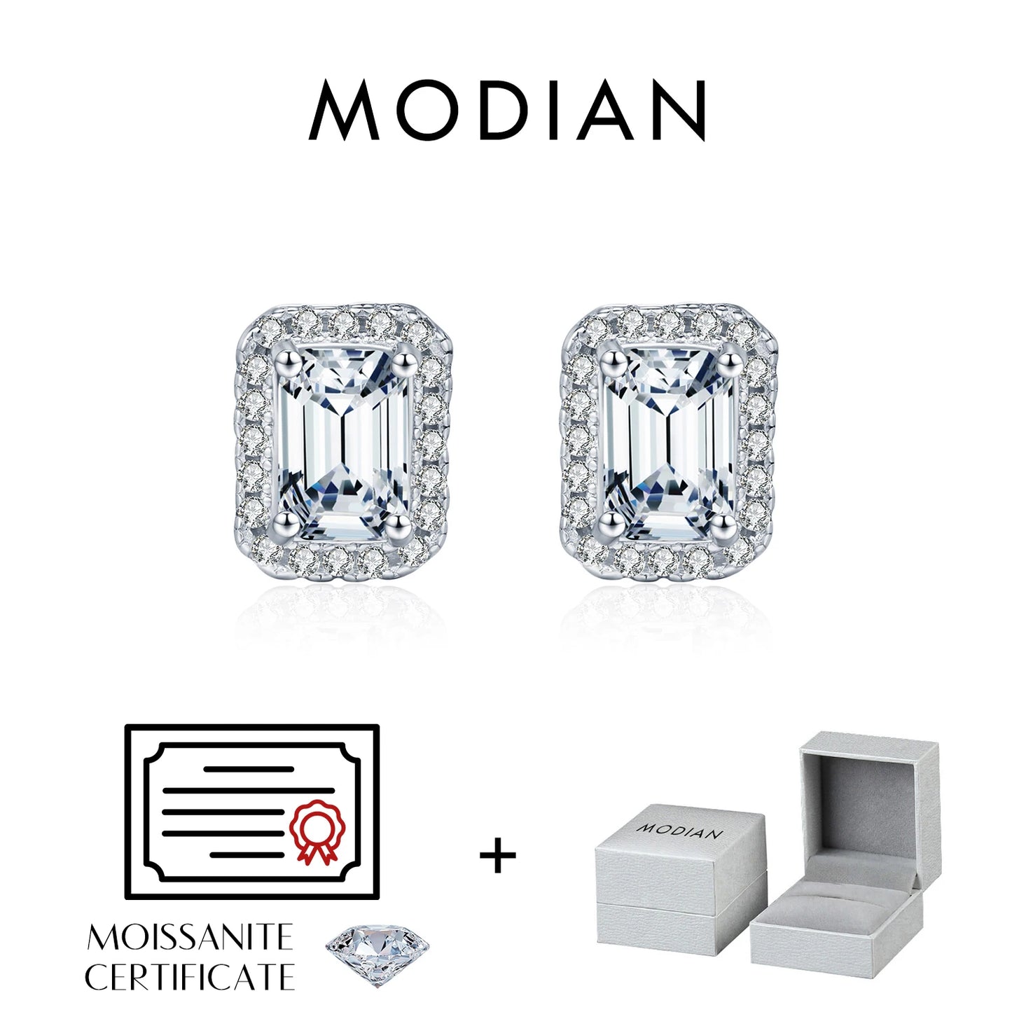 MODIAN Emerald Cut Moissanite Ear Studs 925 Sterling Silver Classic Luxury Halo Earrings For Women Wedding Fine Jewelry Gift