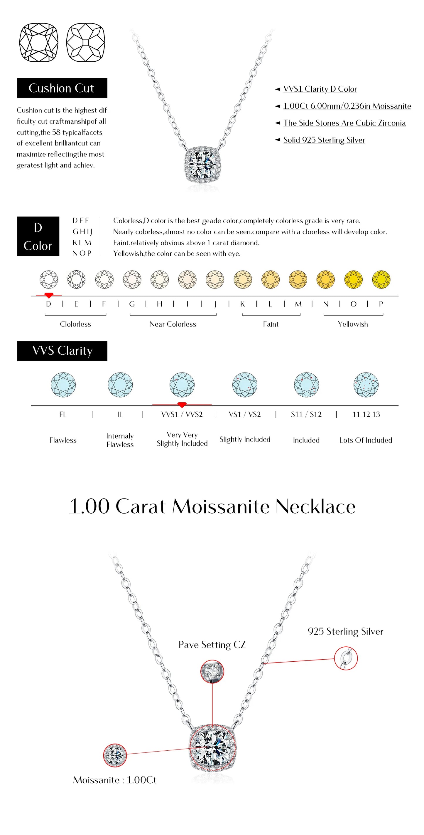 MODIAN 1 Carat Square Cushion Cut Halo Moissanite Pendant Necklace For Women 925 Sterling Silver Dazzling Wedding Bridal Jewelry