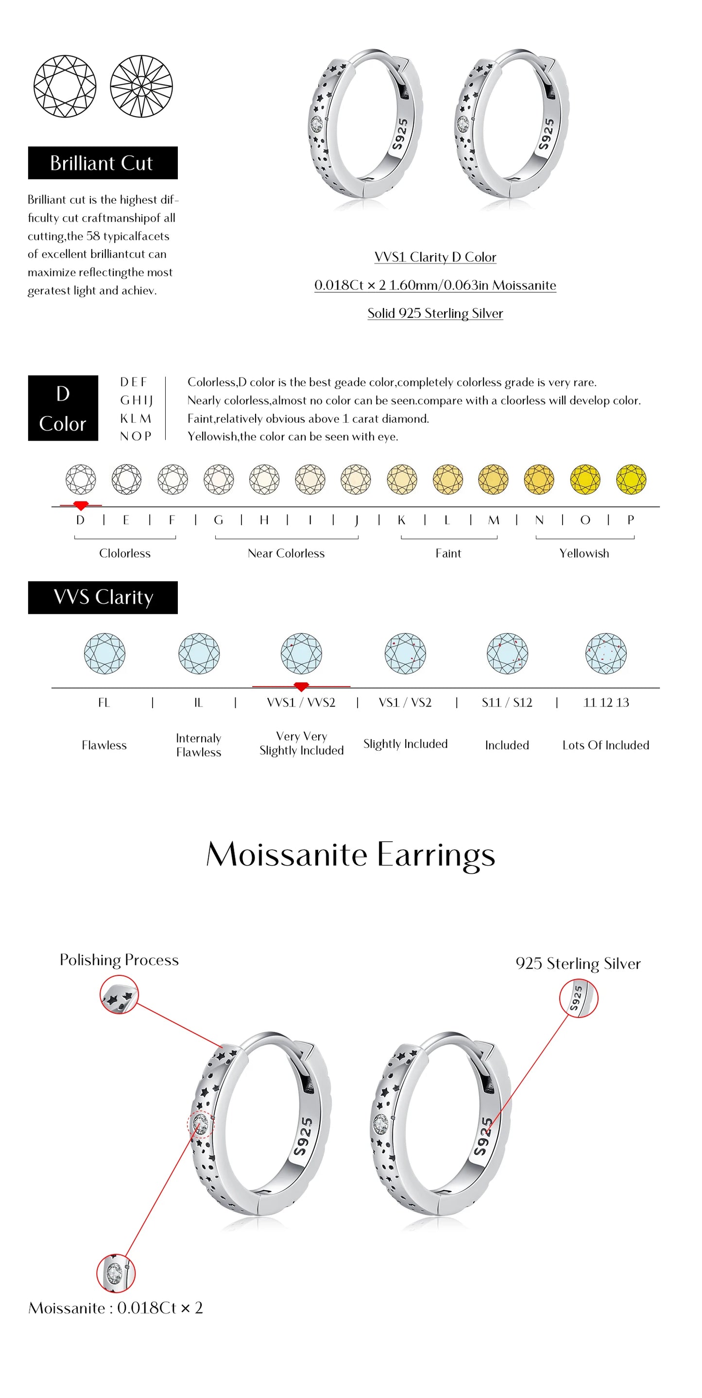 MODIAN D Color Moissanite Ear Buckles 925 Sterling Silver Sparkle Retro Hollow Stars Hoop Earrings For Women Fine Jewelry