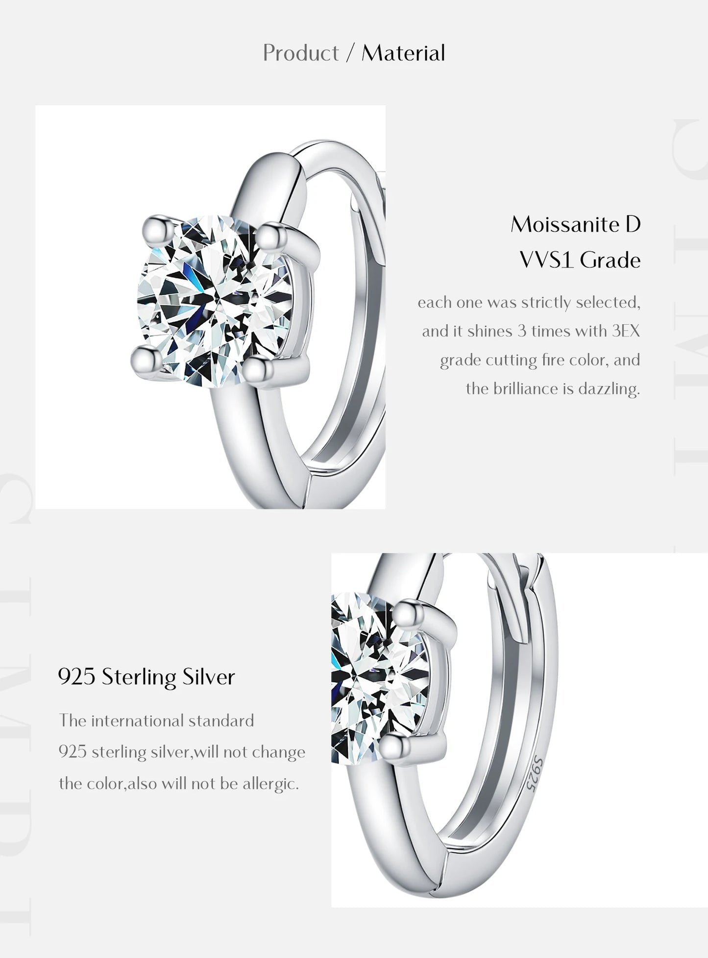 MODIAN 1CT/2CT D Color Moissanite Ear Buckle 925 Sterling Silver Classic Round Hoop Earrings For Women Fine Wedding Jewelry