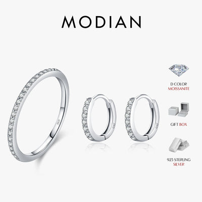 MODIAN D Color Moissanite 925 Sterling Silver Classic Simple Round Hoop Earrings Ring For Women Daily Fine Jewelry Set