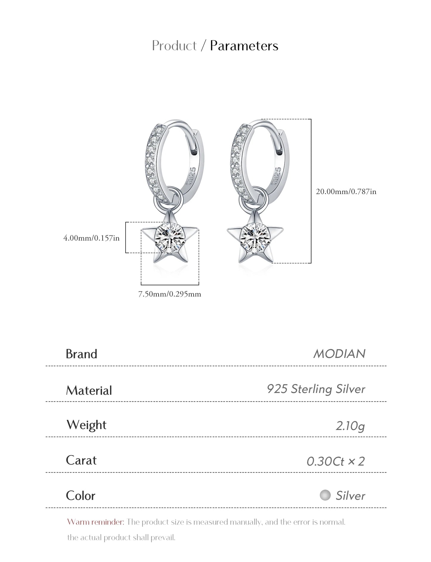 MODIAN D Color Round Moissanite Ear Buckles 925 Sterling Silver Fashion Stars Hoop Earrings For Women Wedding Jewelry Gifts