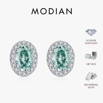 MODIAN 1CT D Color Green Moissanite Halo Earrings 925 Sterling Silver Elegant Oval Stud Earrings For Women Party Fine Jewelry