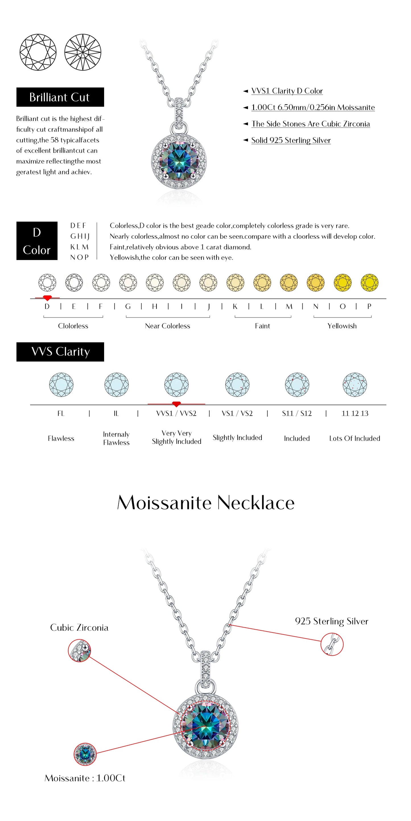 MODIAN 1CT Multicolor Round Moissanite Necklaces 925 Sterling Silver Luxury Classic Pendant Necklace For Women Fine Jewelry