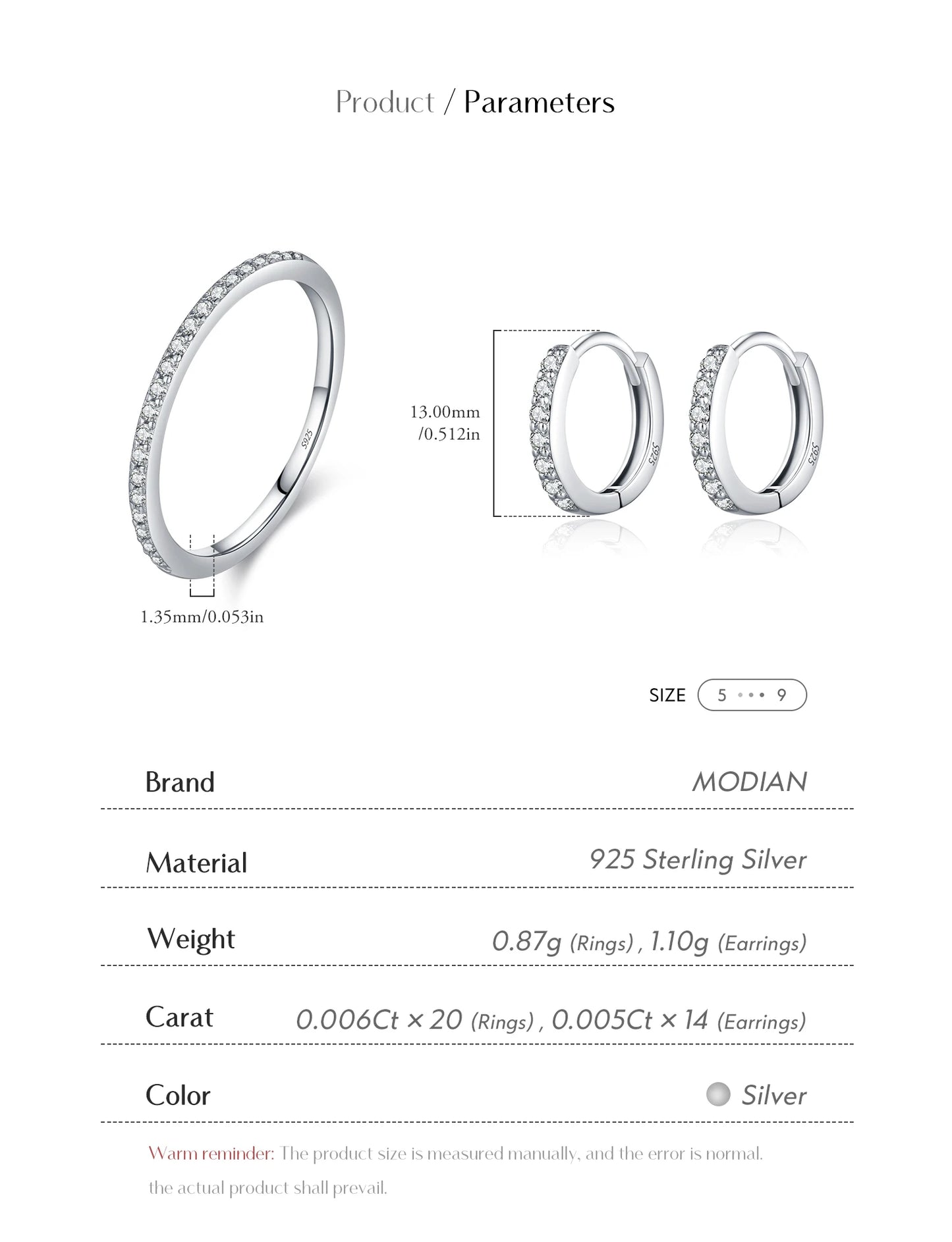 MODIAN D Color Moissanite 925 Sterling Silver Classic Simple Round Hoop Earrings Ring For Women Daily Fine Jewelry Set