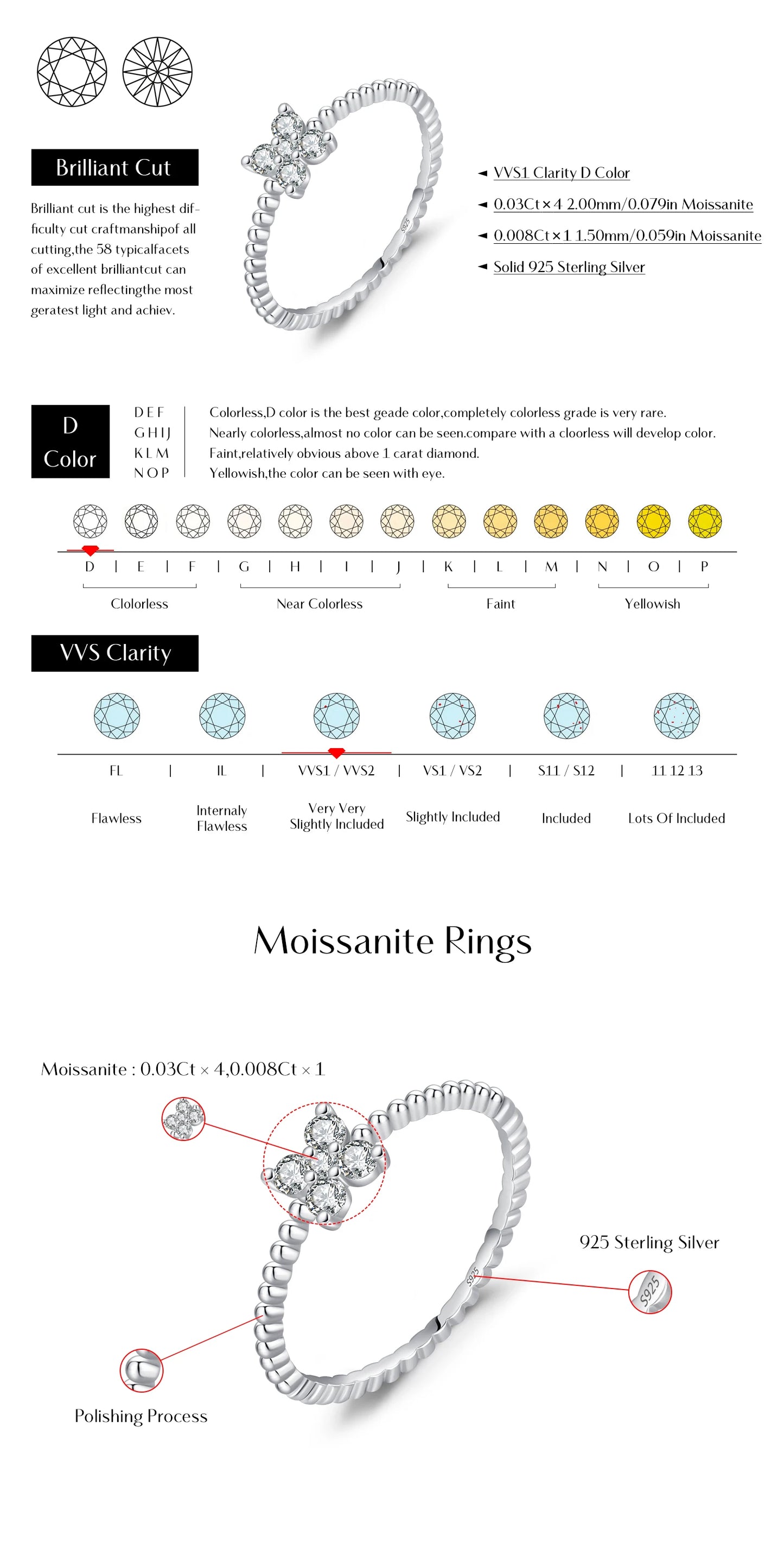 MODIAN Four Leaf Clover D Color Moissanite Ring 925 Sterling Silver Stackable Beads Trendy Finger Ring For Women Fine Jewelry