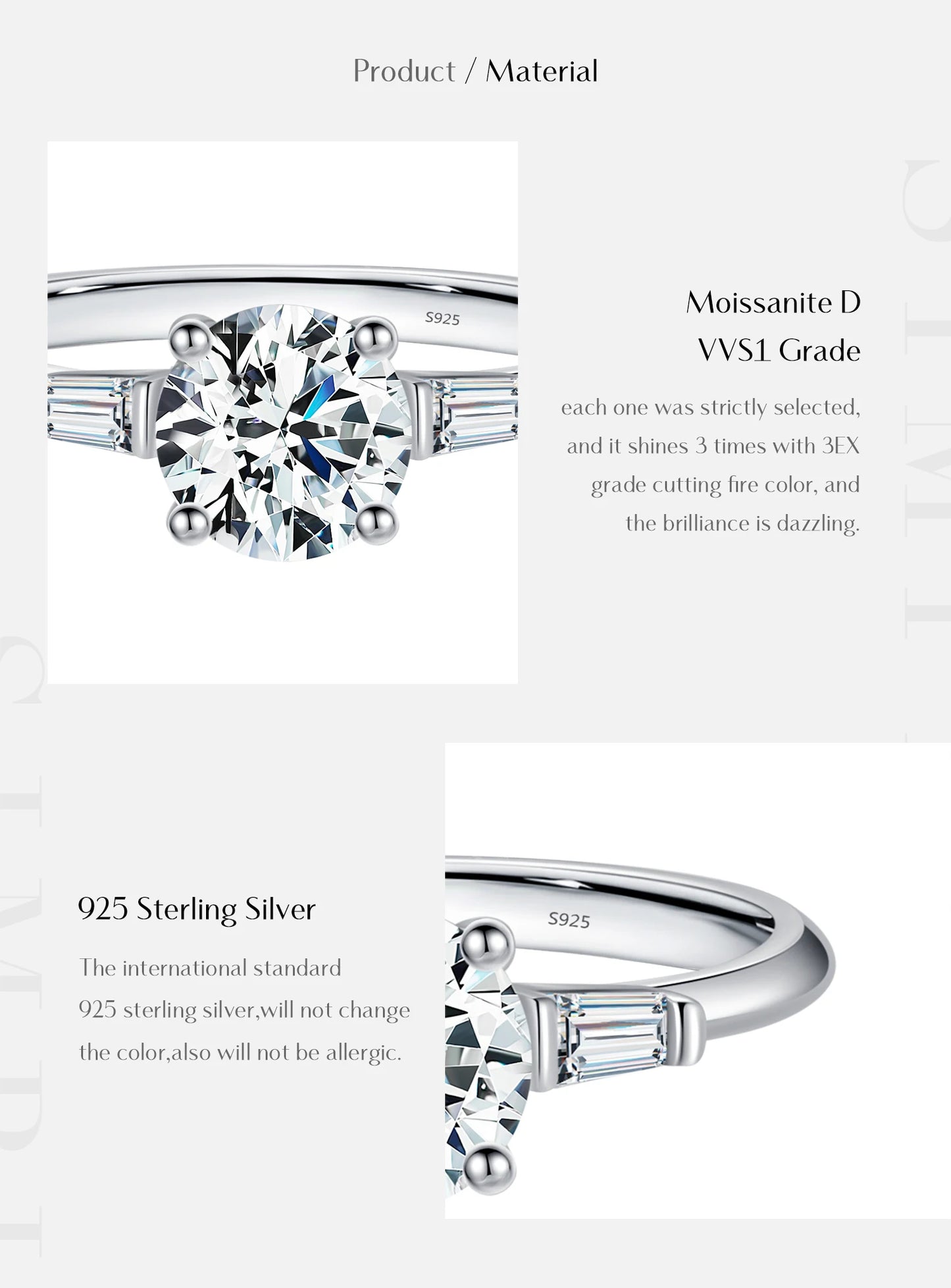 MODIAN 1.0CT Round Moissanite Ring D Color Lab Diamond Classic 925 Sterling Silver Wedding Engagement Band Jewelry For Women