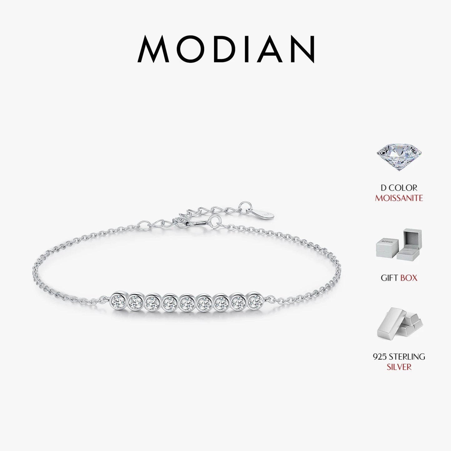 MODIAN D Color Moissanite 925 Sterling Silver Simple Bracelet Round Lab Diamond Chain Link Jewelry For Women Luxury Wedding Gift