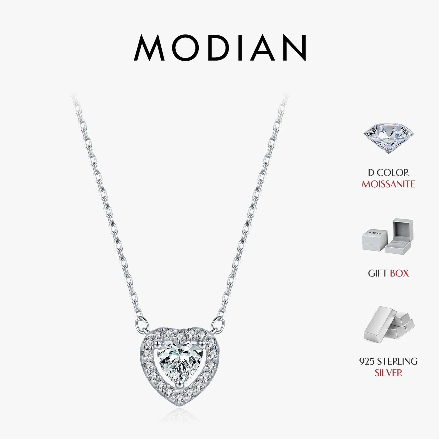 MODIAN D Color Heart Moissanite 925 Sterling Silver Fashion Simple Pendant Necklace For Women Wedding Fine Jewelry Gfits