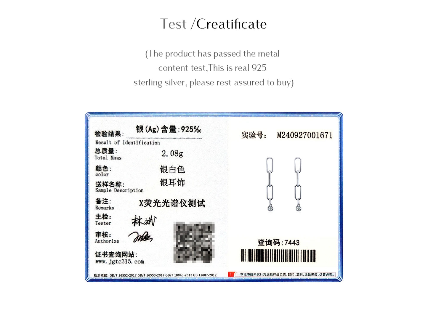 MODIAN VVS1 Clarity D Color Moissanite Earrings 925 Sterling Silver Fashion Link Chain Stud Earrings For Women Fine Jewelry