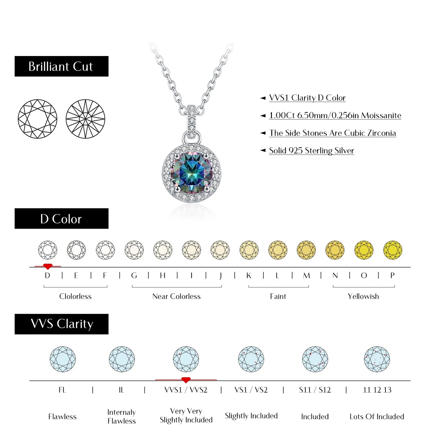 MODIAN 1CT Multicolor Round Moissanite Necklaces 925 Sterling Silver Luxury Classic Pendant Necklace For Women Fine Jewelry
