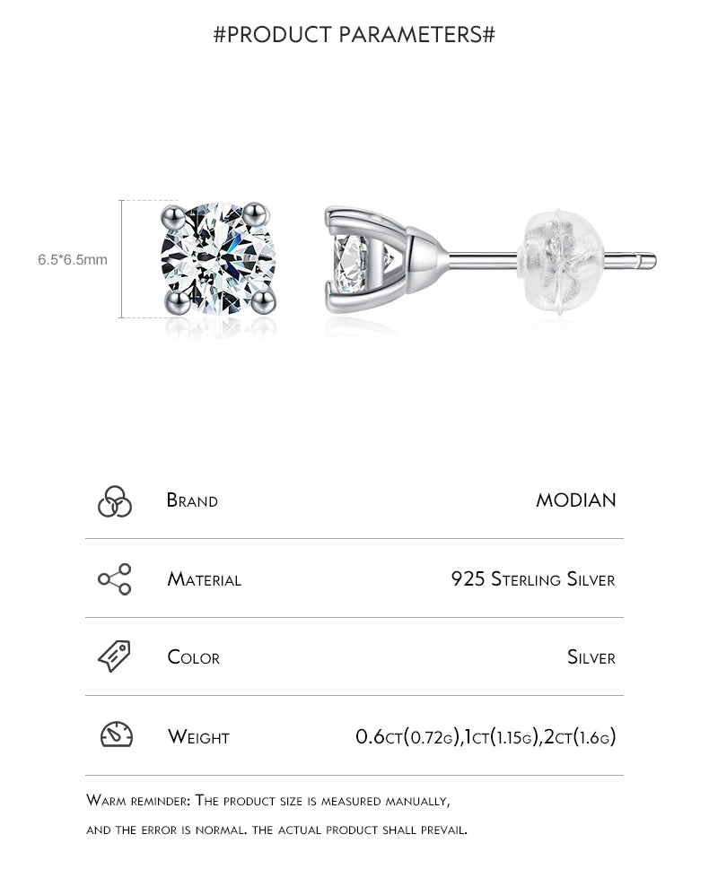 Modian Moissanite 1CT 2CT D Color VVS1 EX Luxury Stud Earrings 925 Sterling Silver Sparkling Earrings For Women Wedding Jewelry