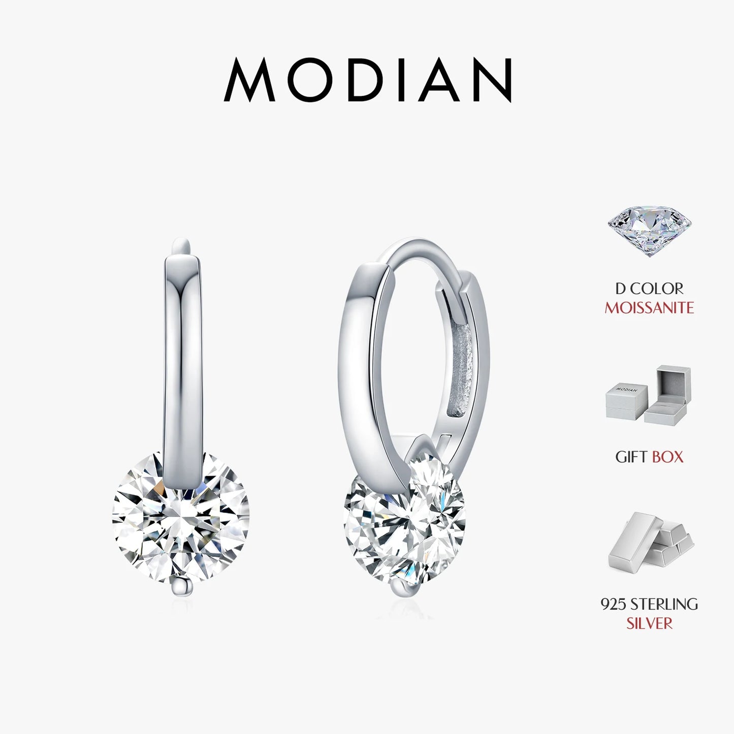 MODIAN 1.0CT D Color Moissanite Hoop Earrings 925 Sterling Silver Luxury Buckle Earrings For Women Wedding Fine Jewelry Gifts