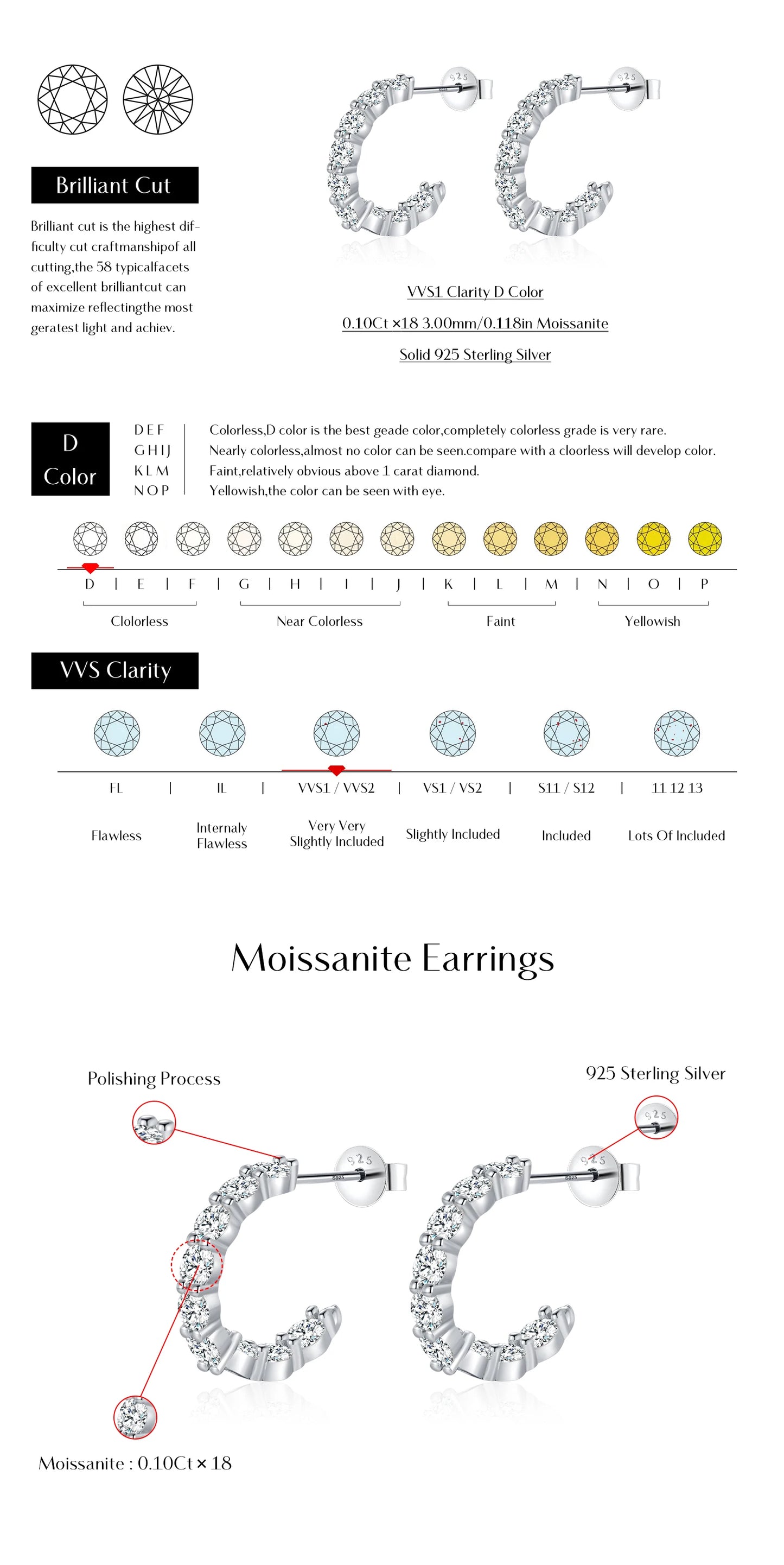 MODIAN D Color C Shape Moissanite Earrings 925 Sterling Silver Charming Dazzling Hoop Earrings For Women Wedding Fine Jewelry