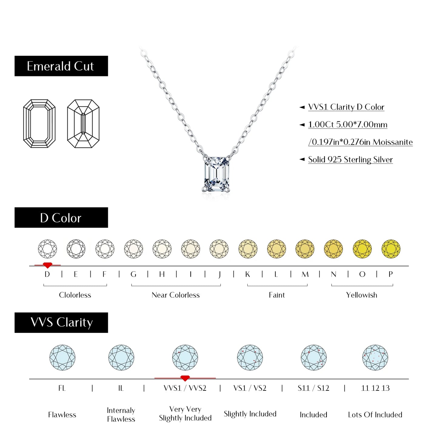 MODIAN D Color Rectangle Emerald Cut Moissanite Necklaces 925 Sterling Silver Classic Luxury Pendant Necklace For Women Jewelry