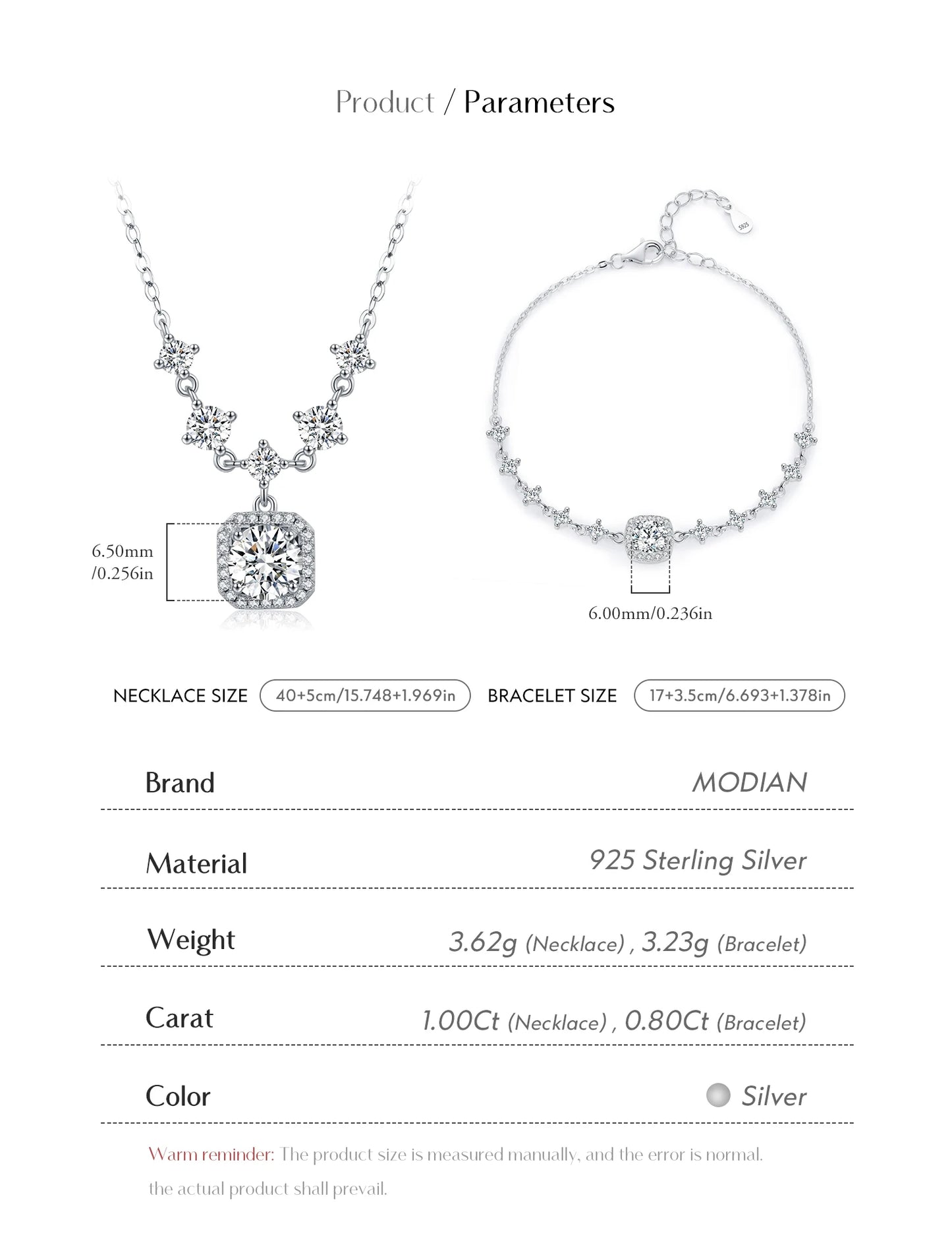 MODIAN D Color Moissanite 925 Sterling Silver Luxury Geometric Charm Necklace Bracelet For Women Wedding Statement Jewelry Set