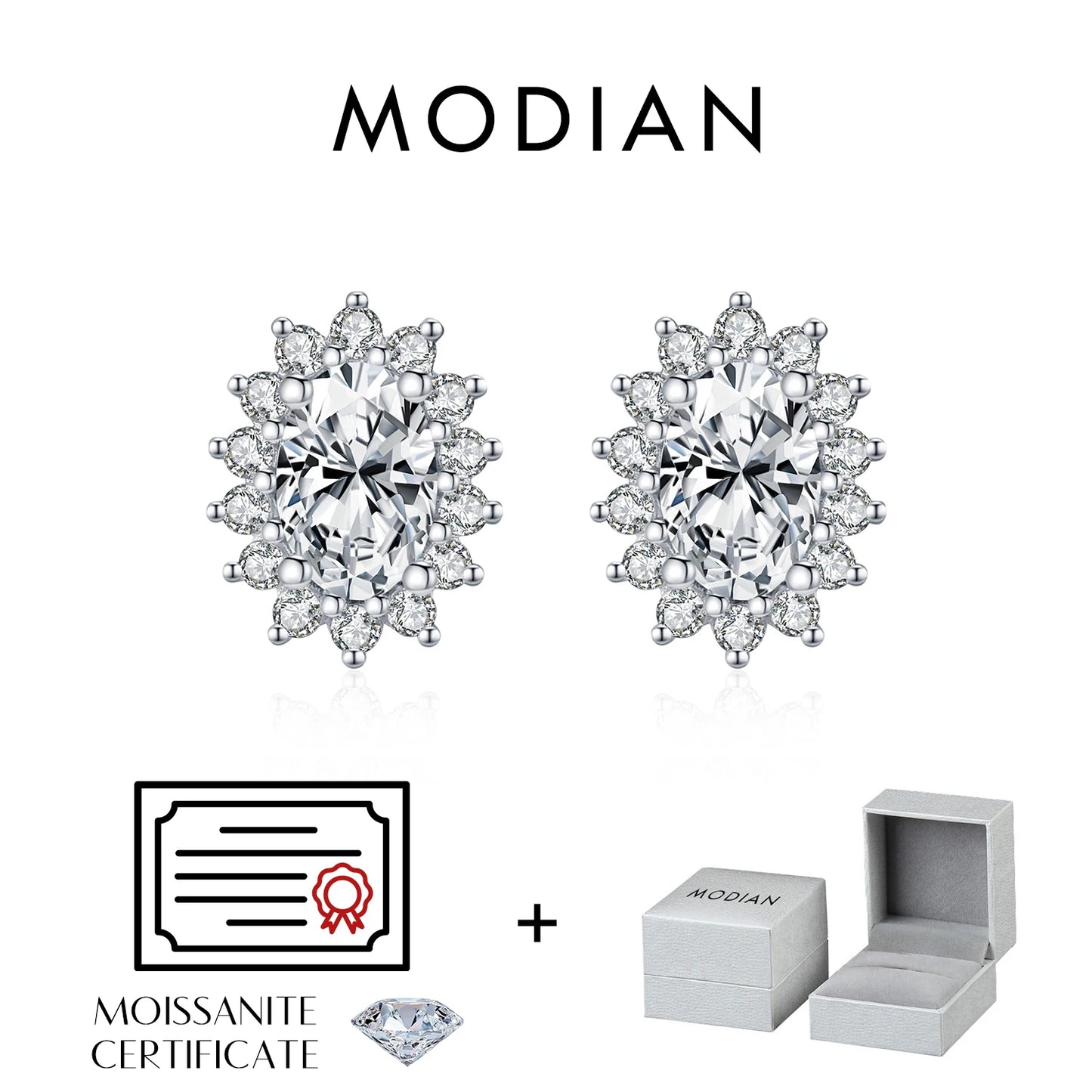 MODIAN D Color Clarity VVS1 Moissanite Halo Earrings 925 Sterling Silver Classic Stud Earrings For Women Luxury Bridal Jewelry