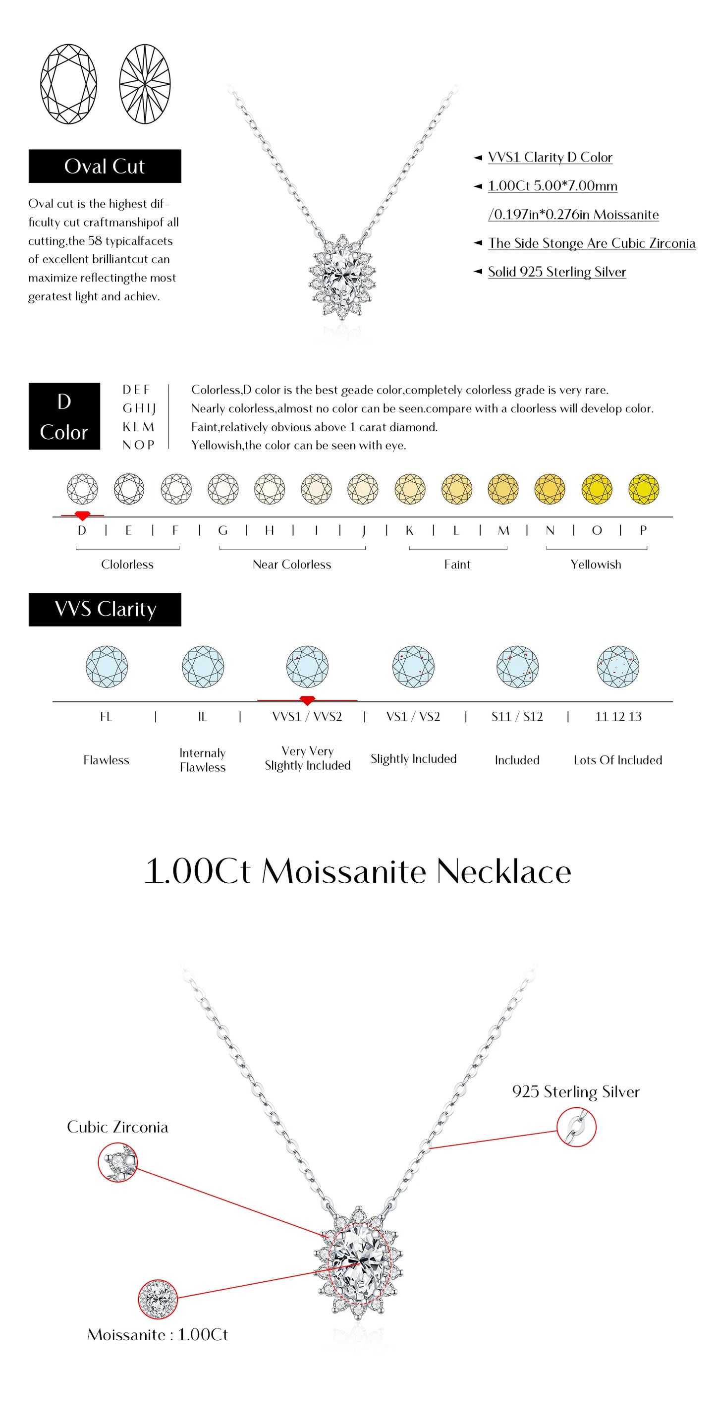 MODIAN D Color Oval Moissanite Necklaces 925 Sterling Silver Classic Pendant Necklace For Women Wedding Engagement Fine Jewelry