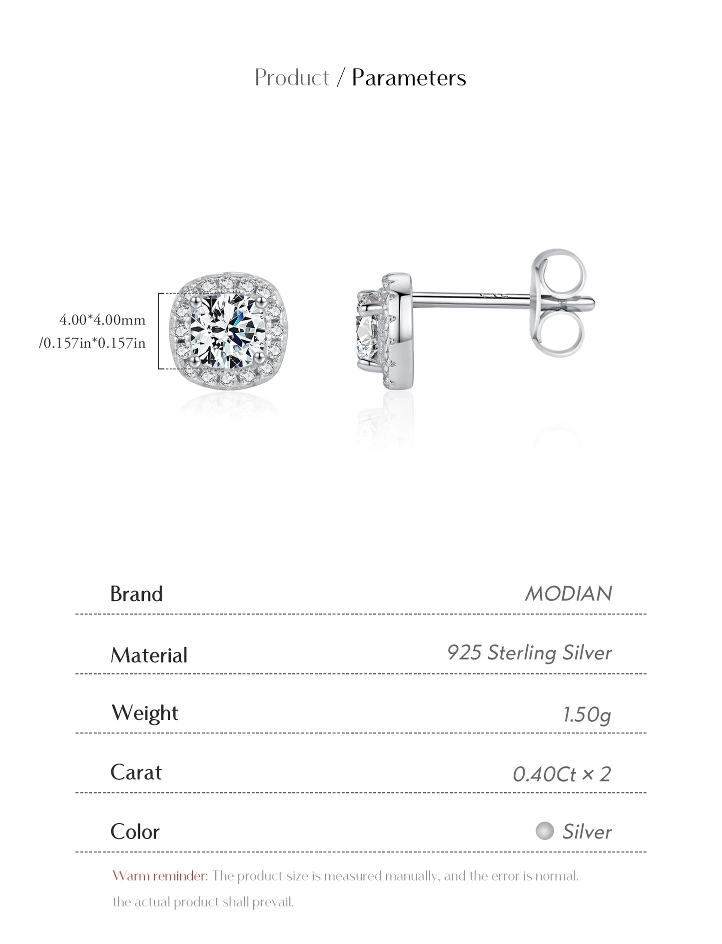 MODIAN D Color Moissanite Stud Earrings Brilliant Square Cut Lab Created Diamond 925 Silver Earrings For Women Wedding Jewelry