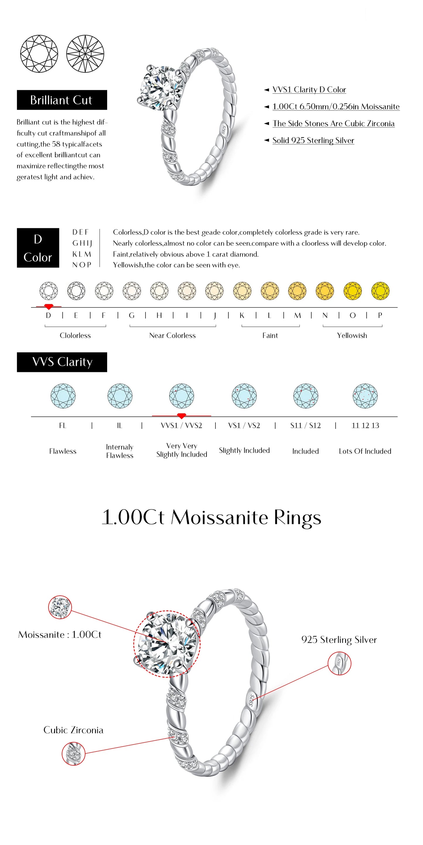 MODIAN 1CT Moissanite 925 Sterling Silver Sparkling Twist Lab Created Diamond Wedding Band Rings For Women Bridal Fine Jewelry