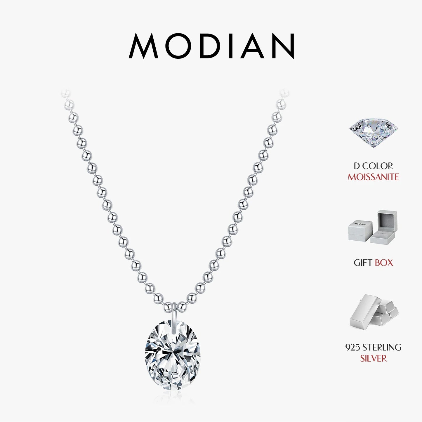 MODIAN 1.5 Carat Oval Moissanite Pendant 925 Sterling Silver Simple Beads Chain Pendant Necklace For Women Daily Fine Jewelry