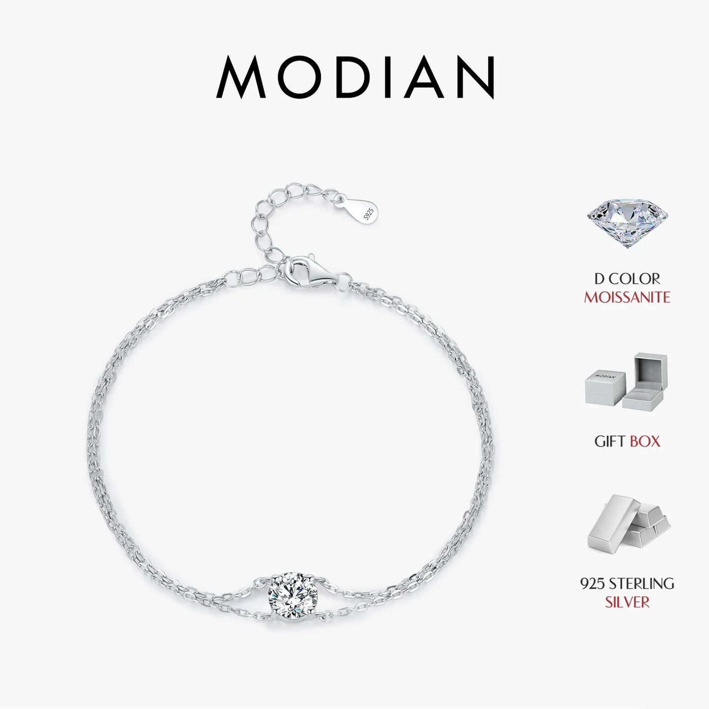 MODIAN 1CT D Color Moissanite Bracelet 925 Sterling Silver Delicate Double Layer Bracelets For Bridal Wedding Fine Jewelry Gifts