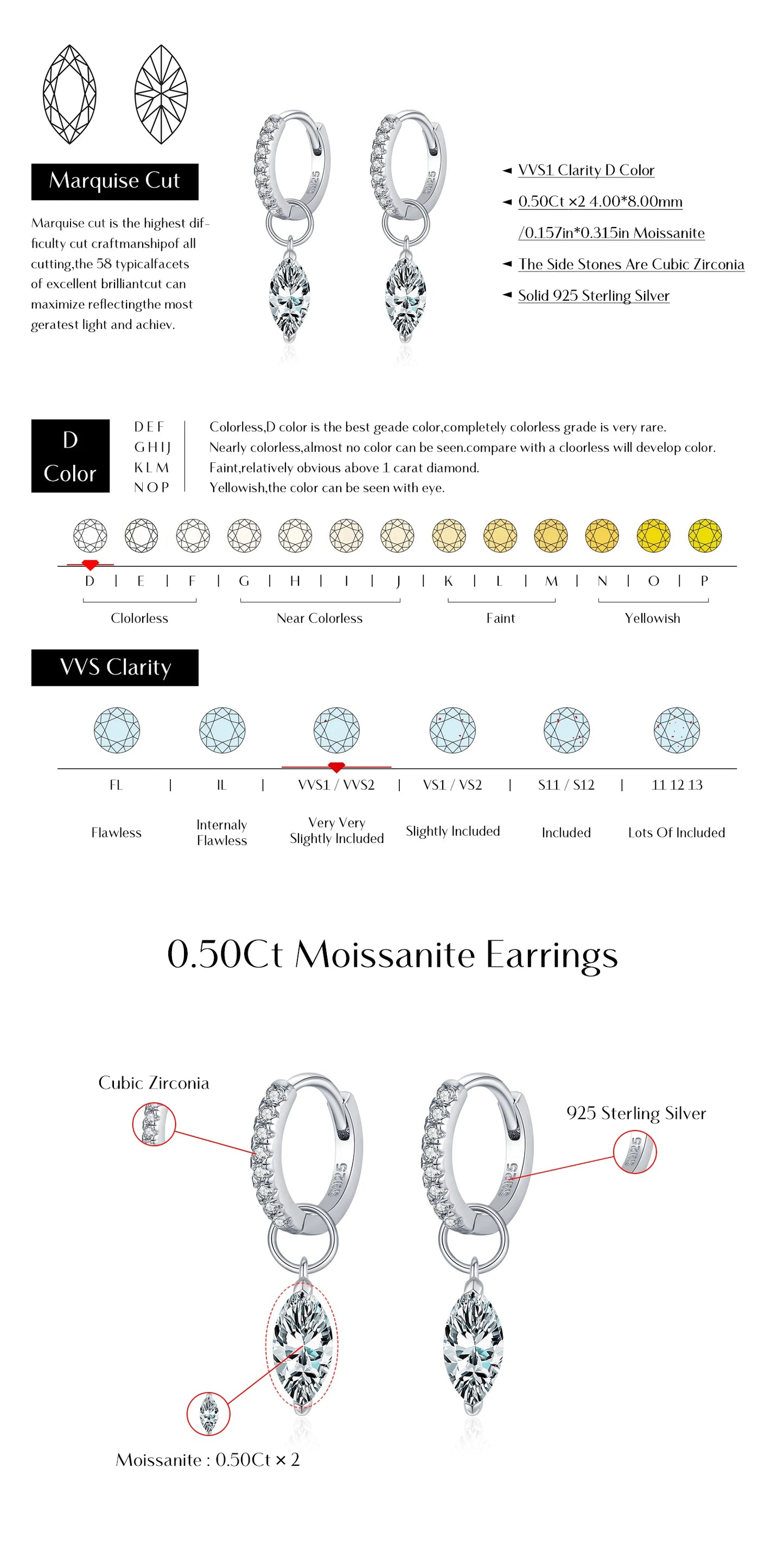 MODIAN 0.5Ct D Color Rhombic Moissanite Ear Buckles 925 Sterling Silver Luxury Shiny Hoop Earrings for Women Wedding Jewelry